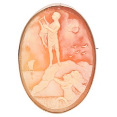 Antique Yellow Gold Orpheus Playing Harp for Mermaids Cameo Brooch