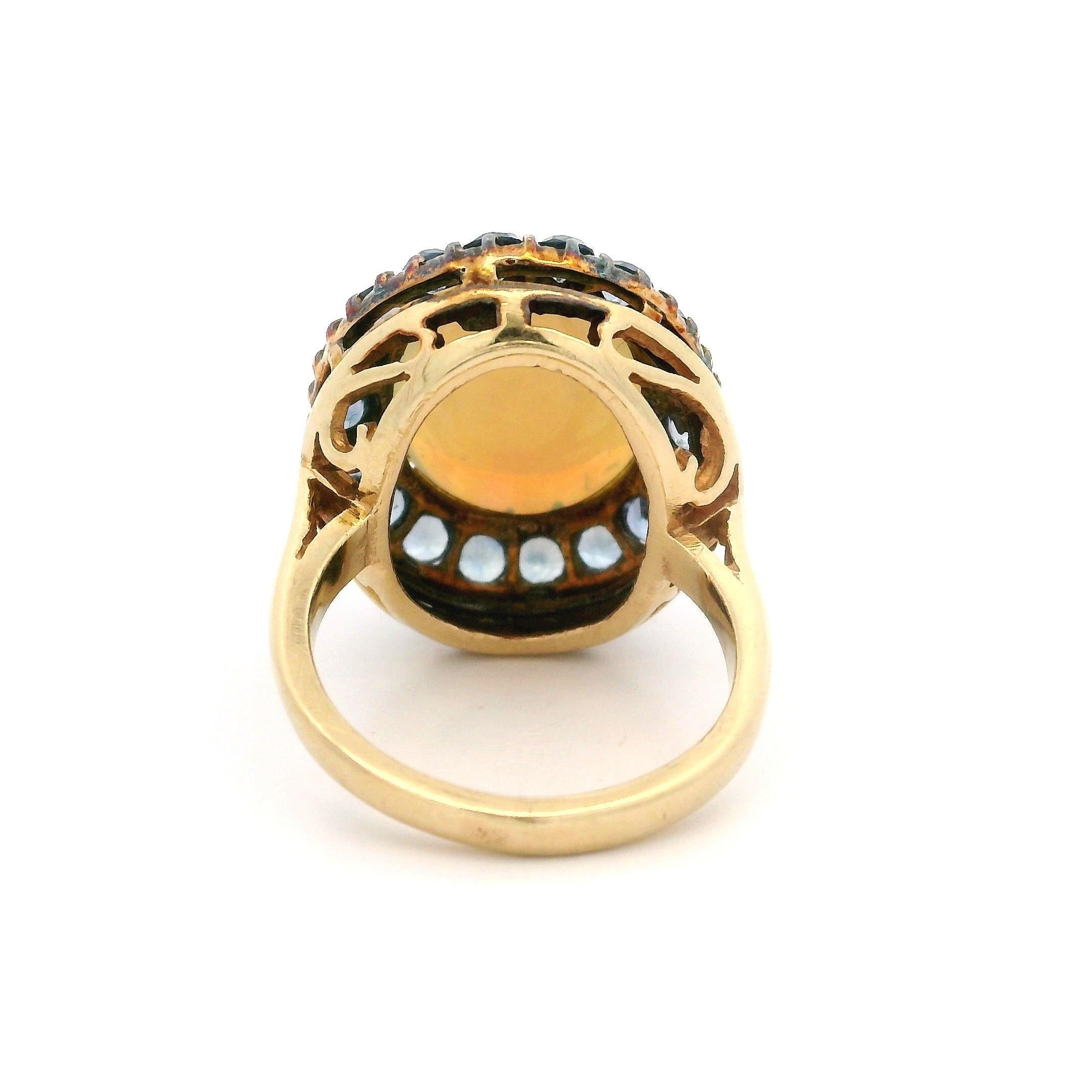 Antique Yellow Gold Oval Cabochon Opal w/ Cornflower Sapphire Halo Cocktail Ring For Sale 6