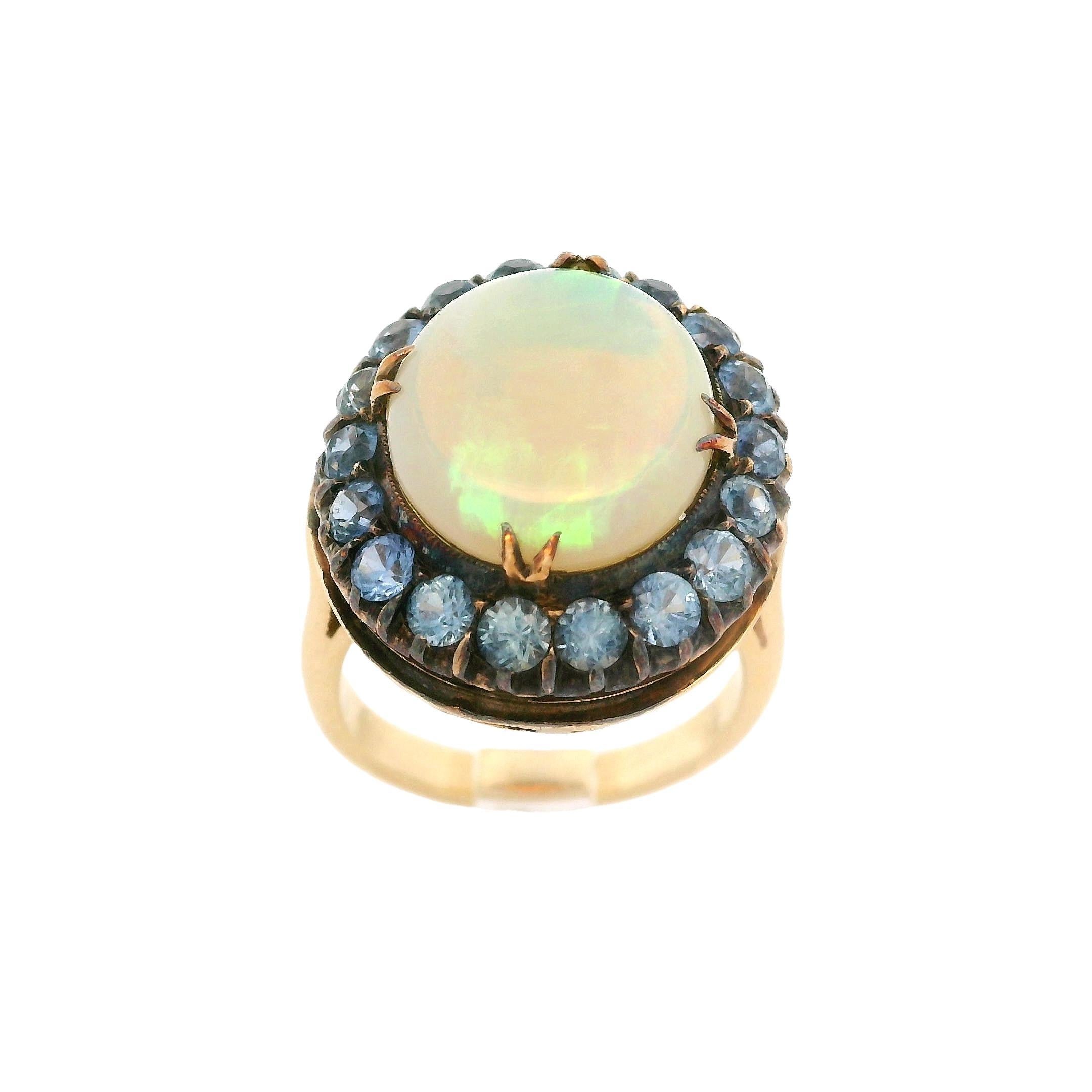 Antique Yellow Gold Oval Cabochon Opal w/ Cornflower Sapphire Halo Cocktail Ring For Sale 7