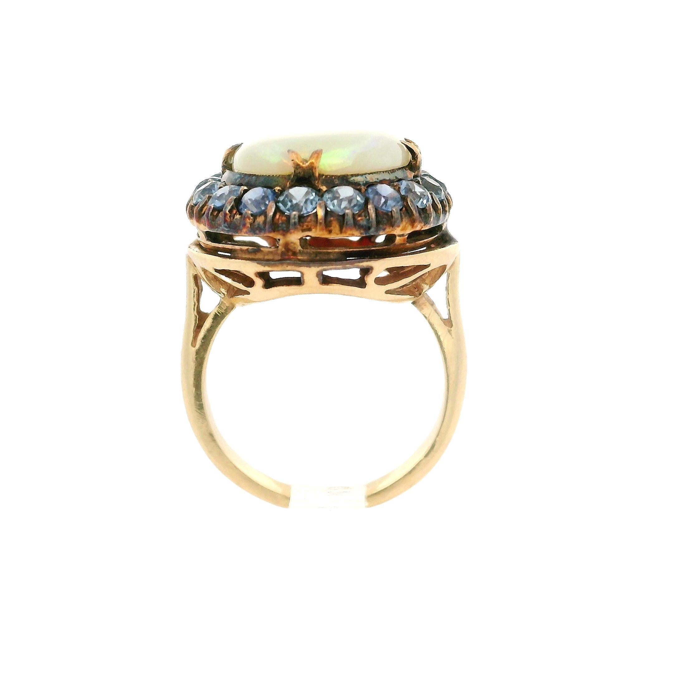 Antique Yellow Gold Oval Cabochon Opal w/ Cornflower Sapphire Halo Cocktail Ring For Sale 8