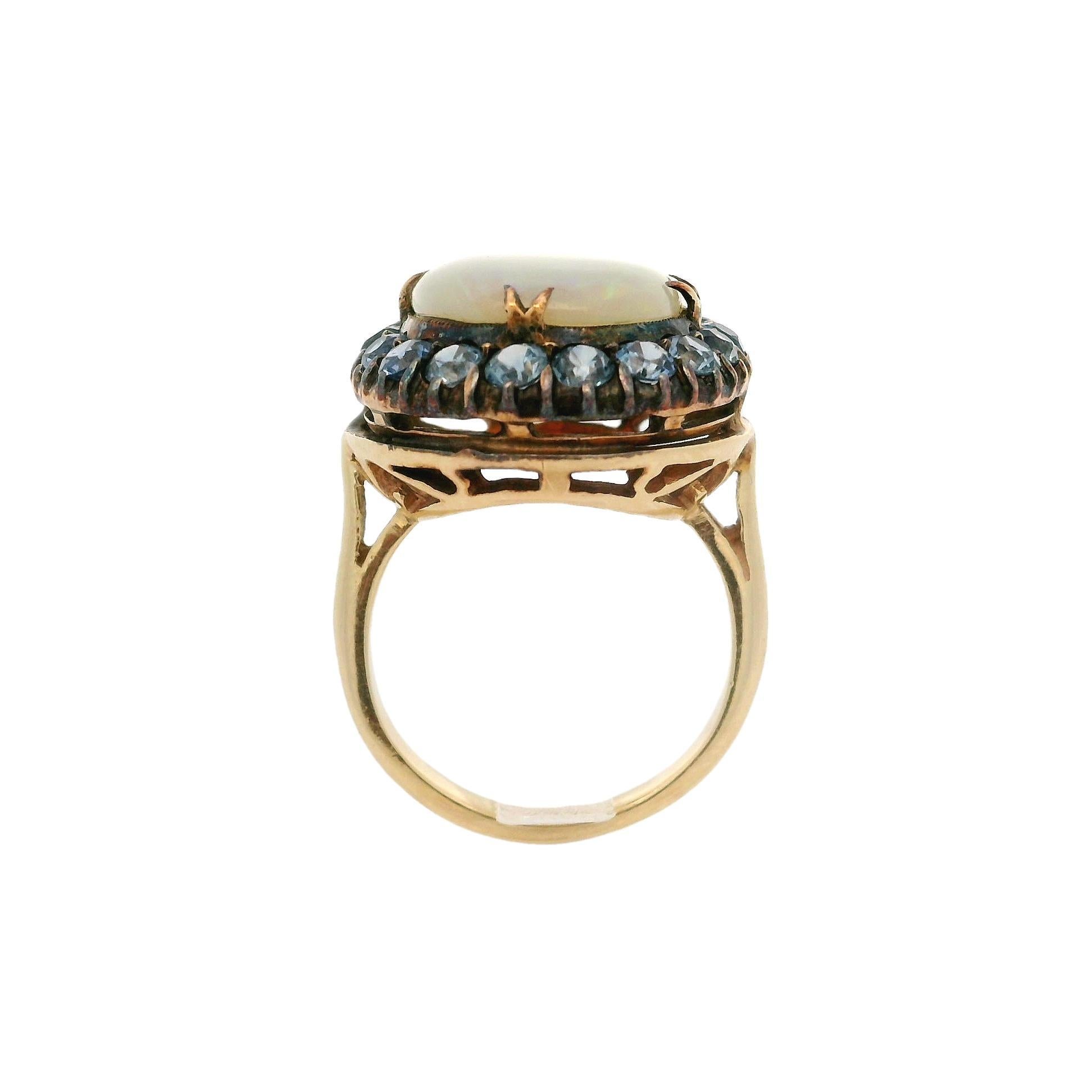 Antique Yellow Gold Oval Cabochon Opal w/ Cornflower Sapphire Halo Cocktail Ring For Sale 9