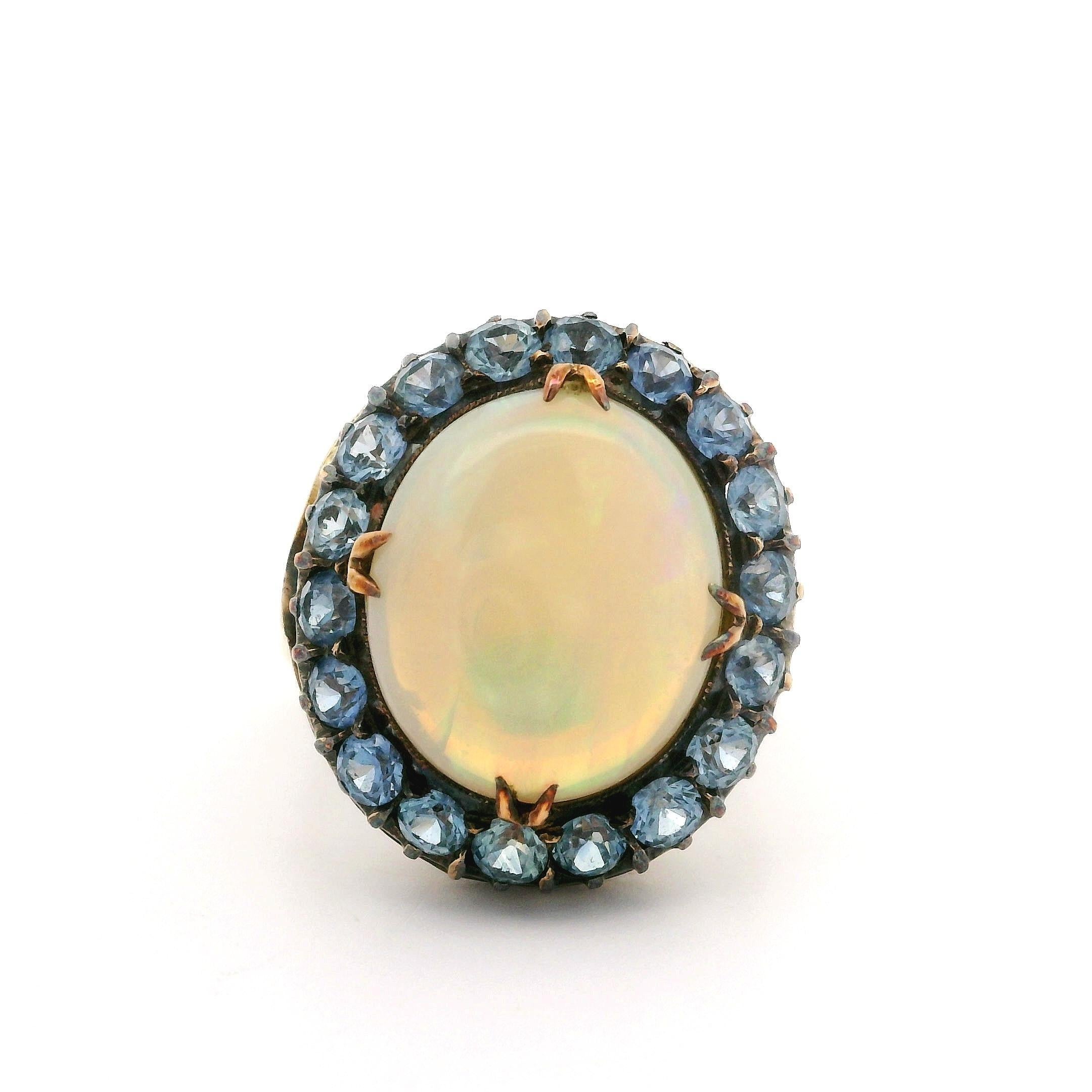 Antique Yellow Gold Oval Cabochon Opal w/ Cornflower Sapphire Halo Cocktail Ring For Sale 11