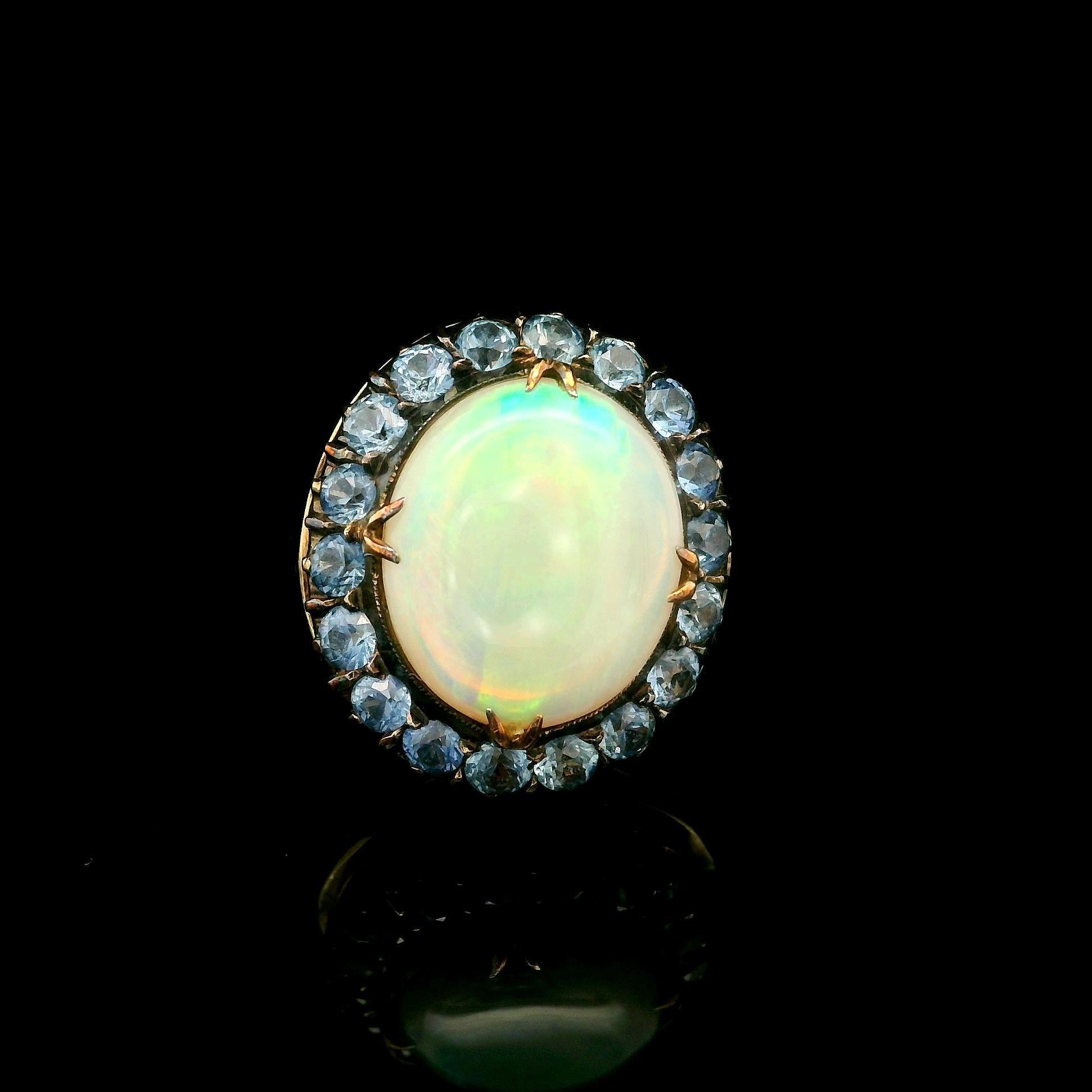 Antique Yellow Gold Oval Cabochon Opal w/ Cornflower Sapphire Halo Cocktail Ring For Sale 12