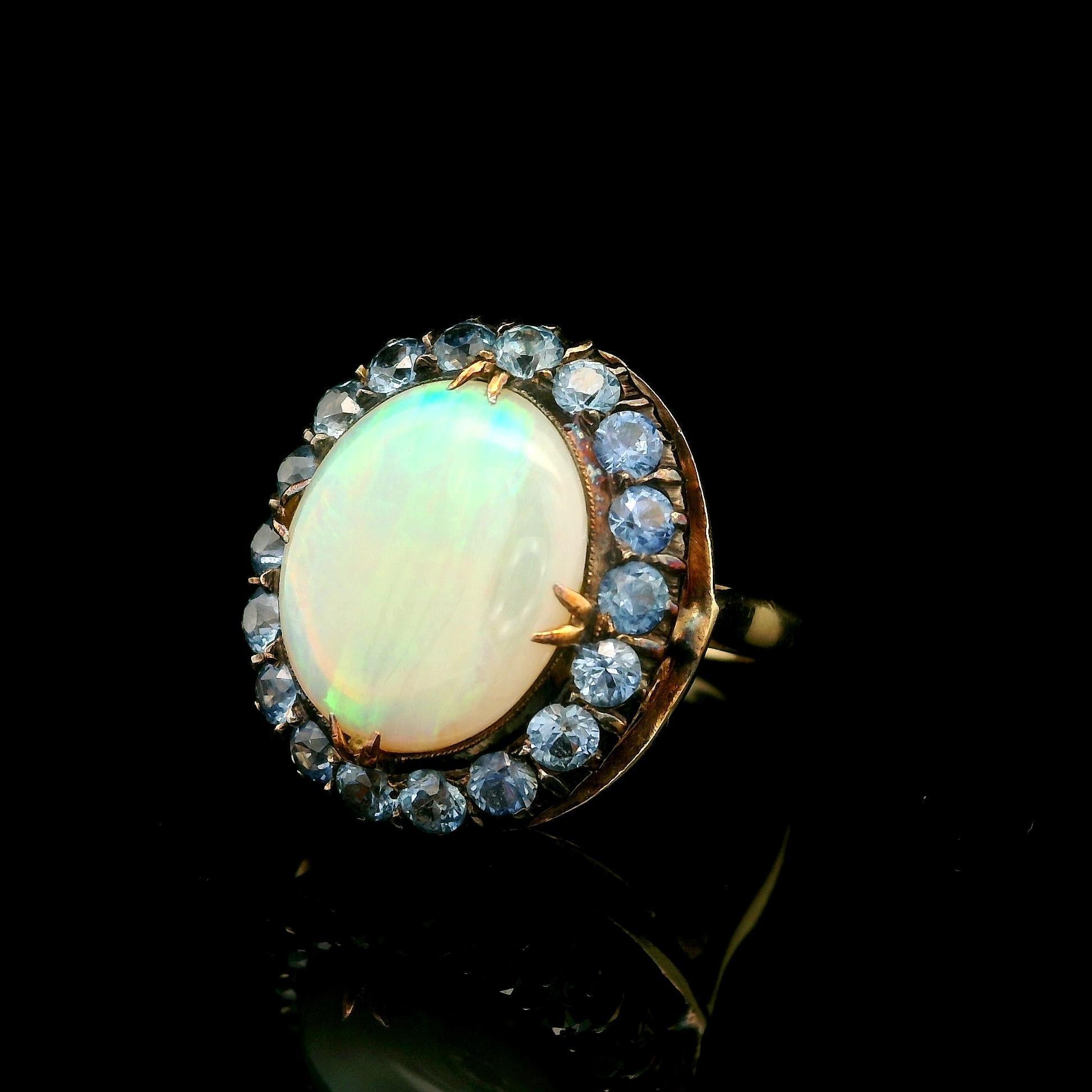 Antique Yellow Gold Oval Cabochon Opal w/ Cornflower Sapphire Halo Cocktail Ring For Sale 13