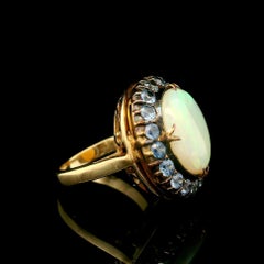 Antique Yellow Gold Oval Cabochon Opal w/ Cornflower Sapphire Halo Cocktail Ring