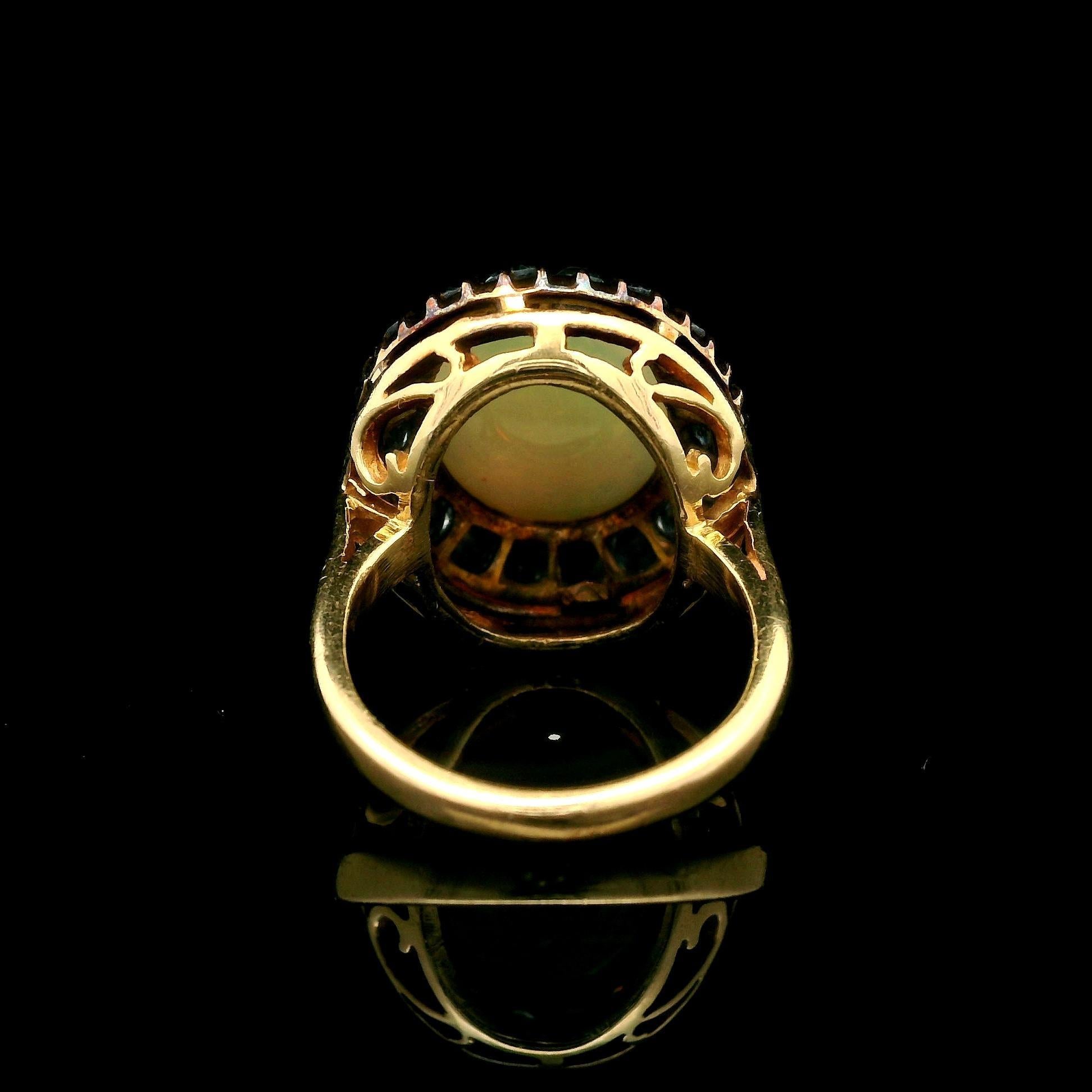 Women's Antique Yellow Gold Oval Cabochon Opal w/ Cornflower Sapphire Halo Cocktail Ring For Sale