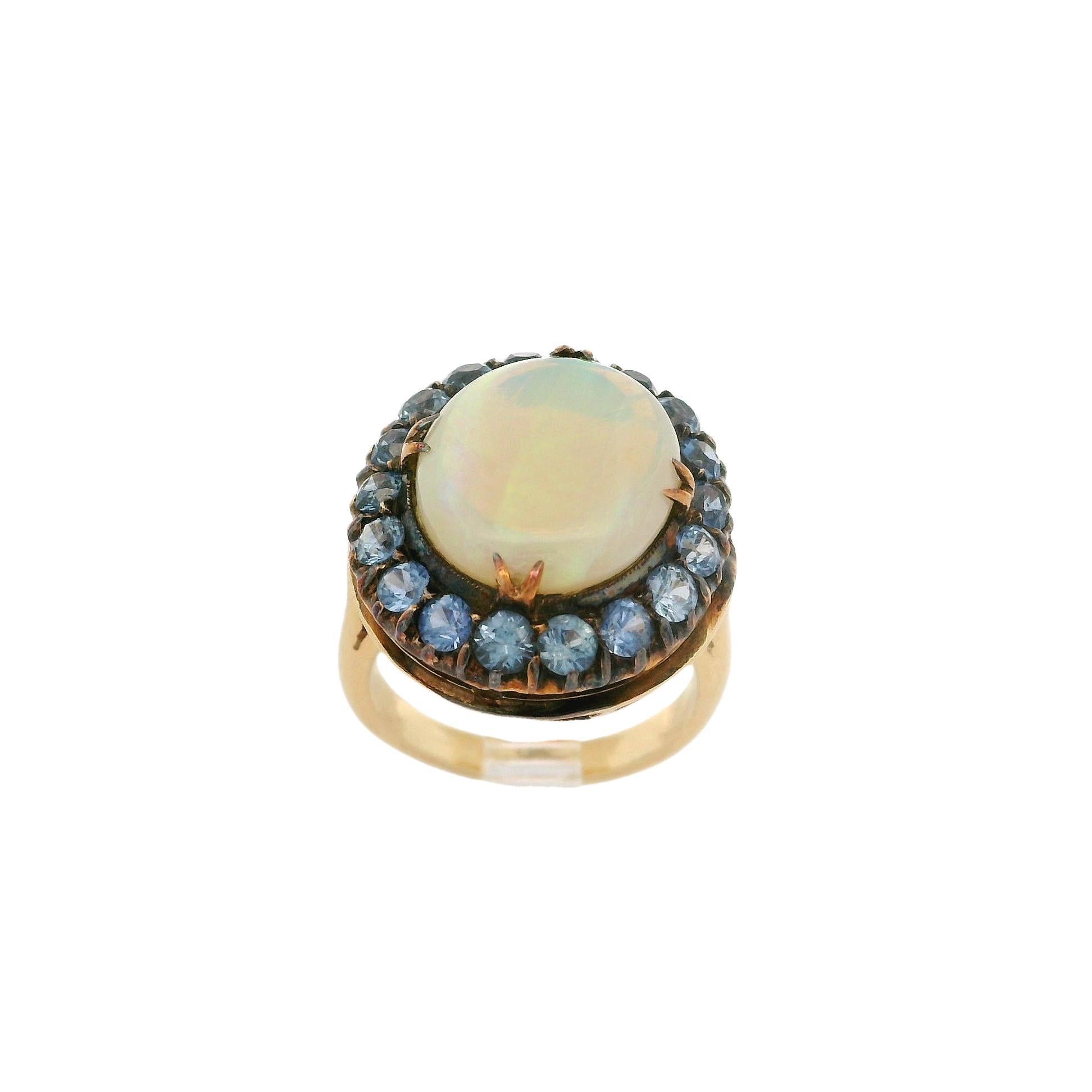 Antique Yellow Gold Oval Cabochon Opal w/ Cornflower Sapphire Halo Cocktail Ring For Sale 1