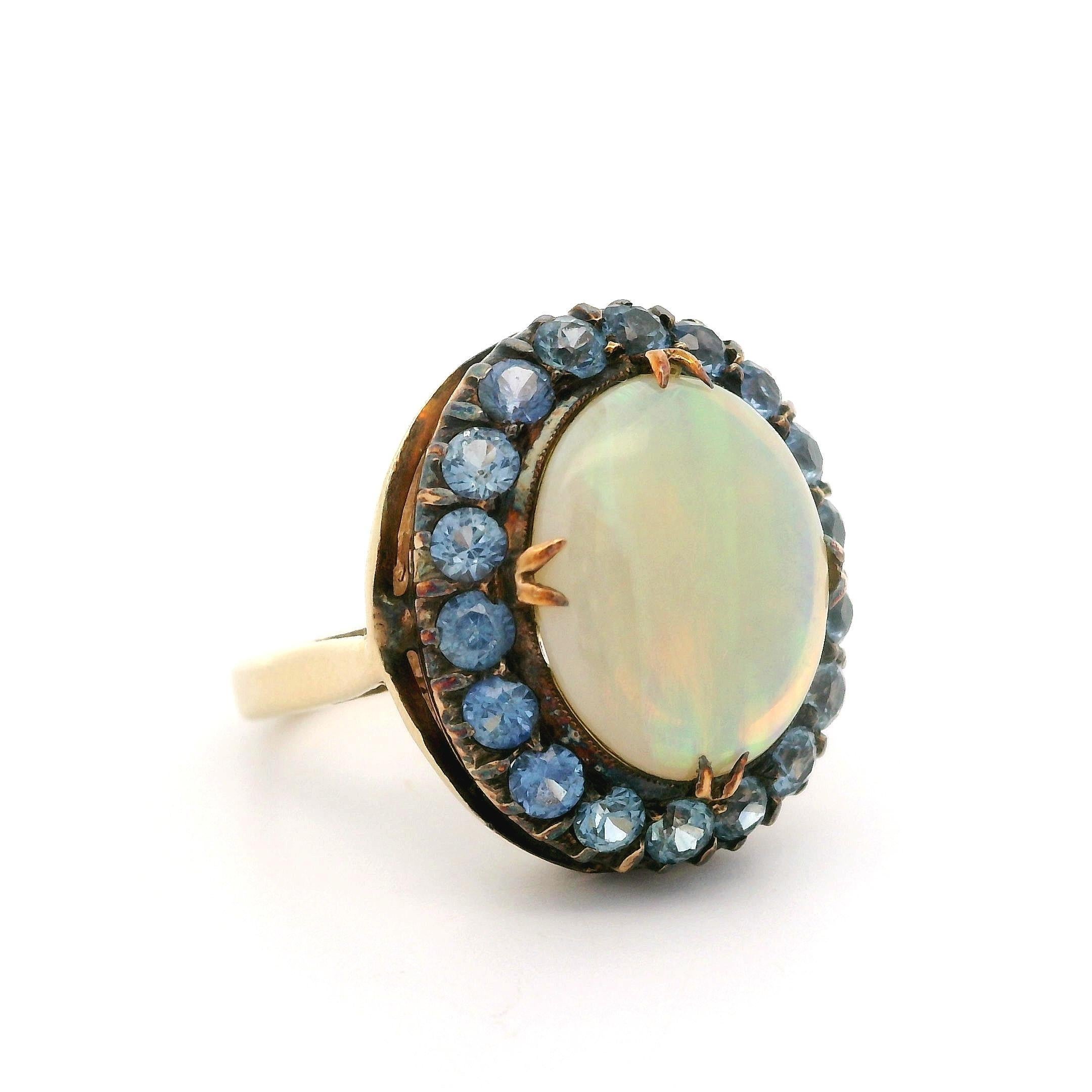 Antique Yellow Gold Oval Cabochon Opal w/ Cornflower Sapphire Halo Cocktail Ring For Sale 2