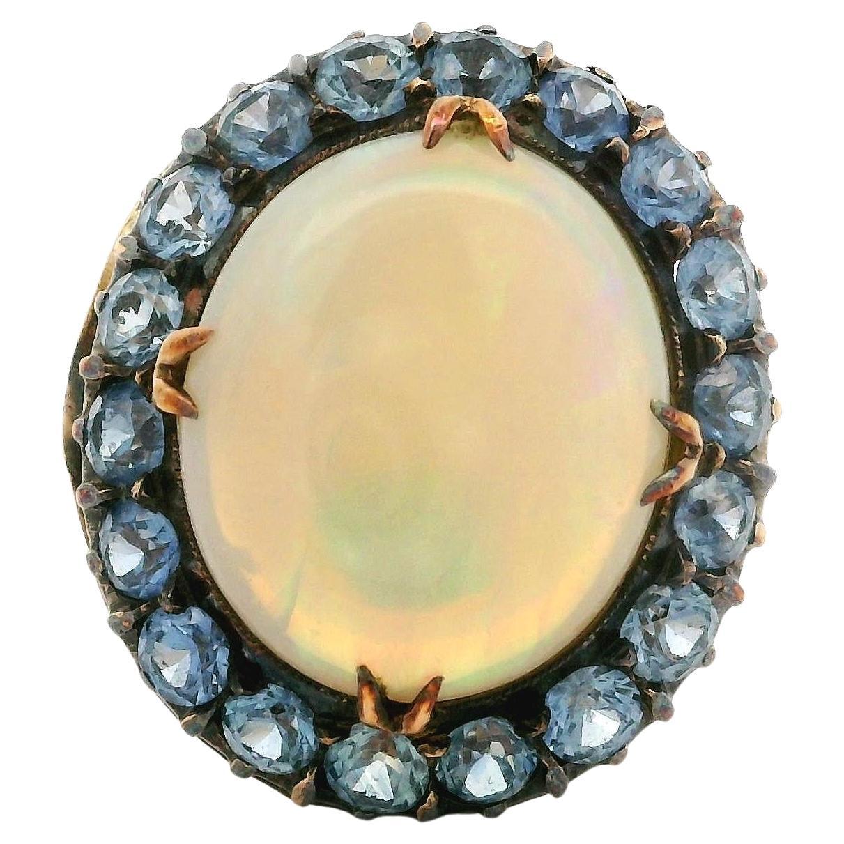 Antique Yellow Gold Oval Cabochon Opal w/ Cornflower Sapphire Halo Cocktail Ring