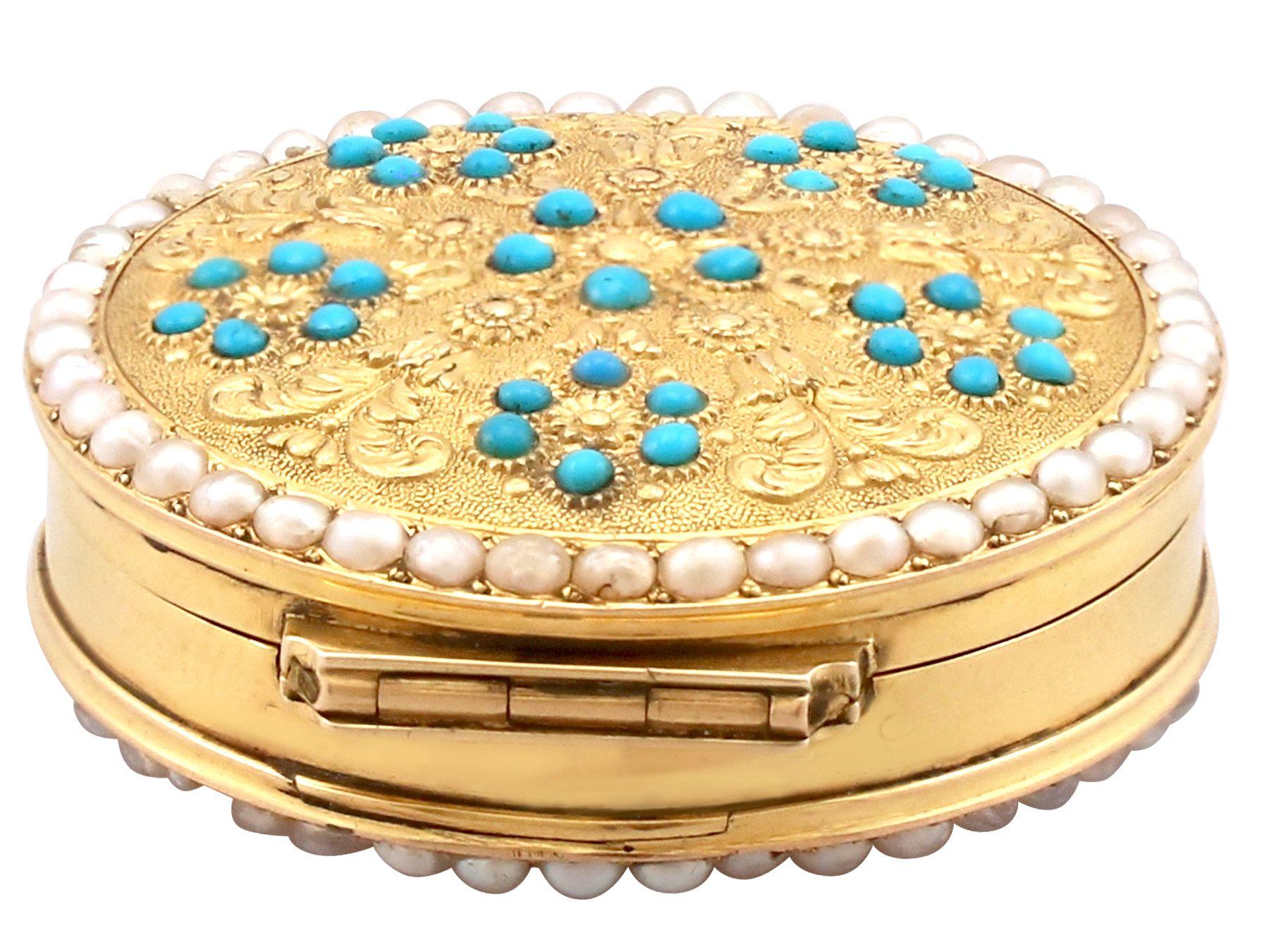 Antique 1815 Yellow Gold Pearl and Turquoise Pill Box For Sale 1