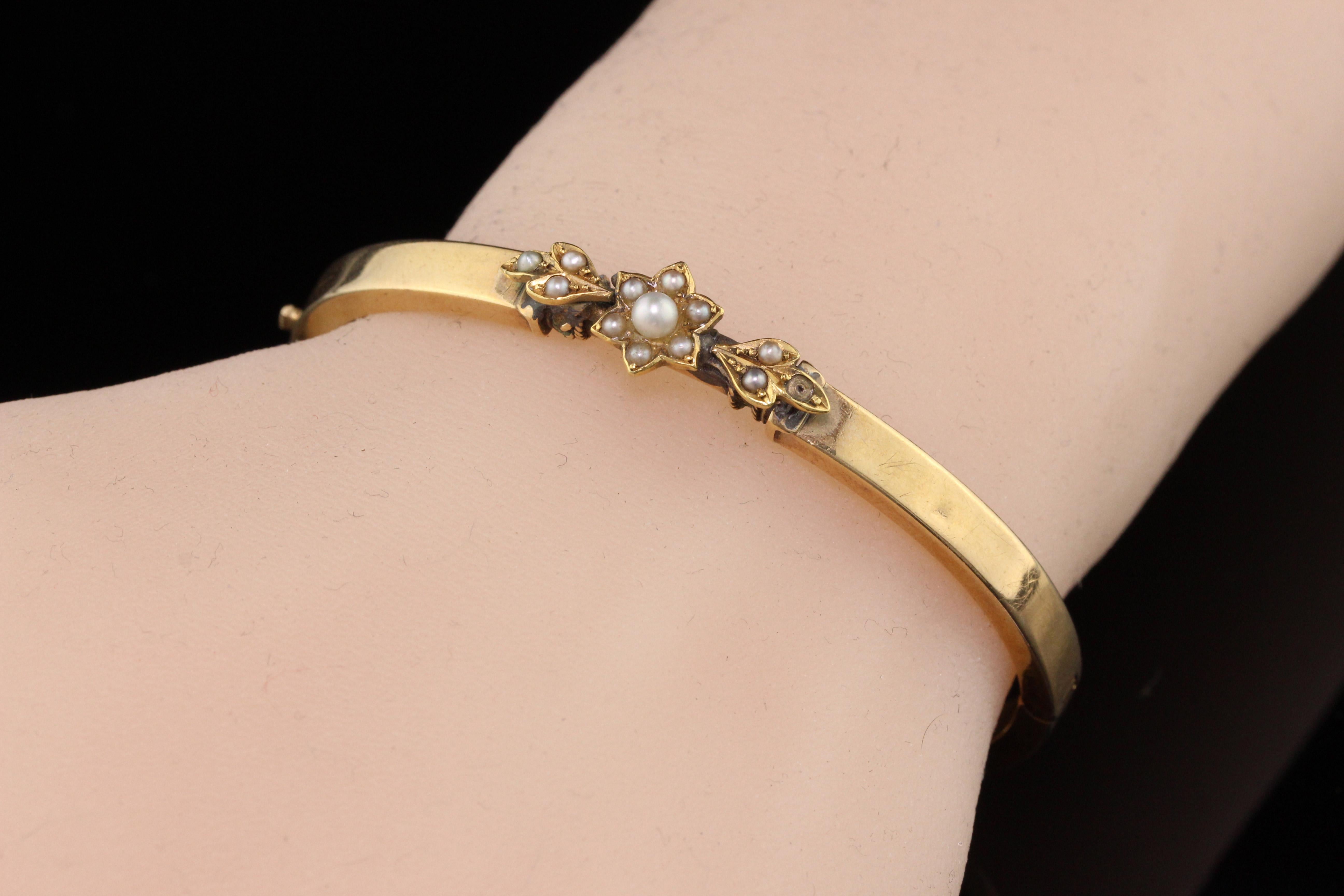 Women's or Men's Antique Yellow Gold Pearl Bead Flower Cuff Bracelet