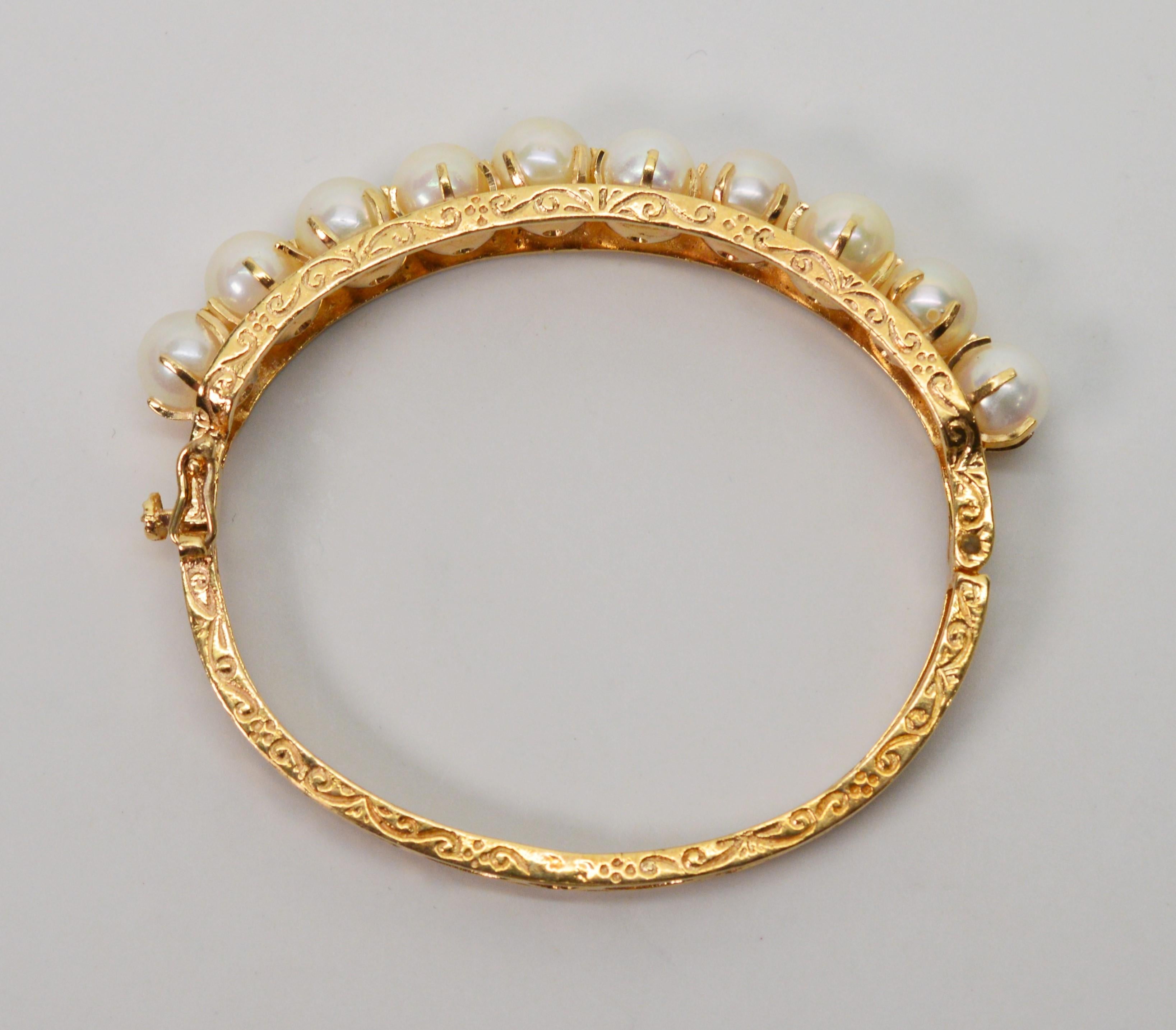 Antique Yellow Gold Pearl Crown Bangle Bracelet In Good Condition In Mount Kisco, NY
