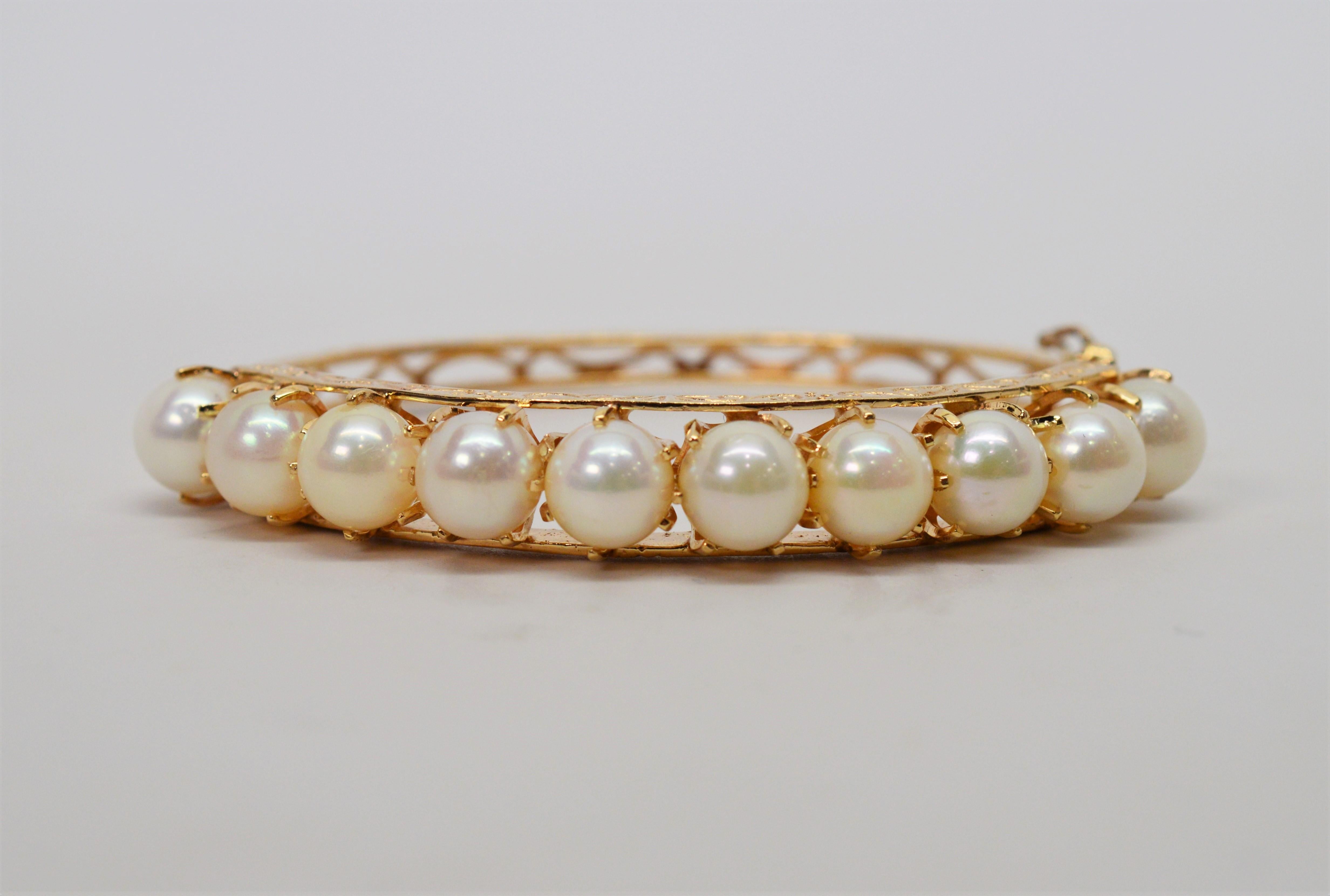 Women's Antique Yellow Gold Pearl Crown Bangle Bracelet