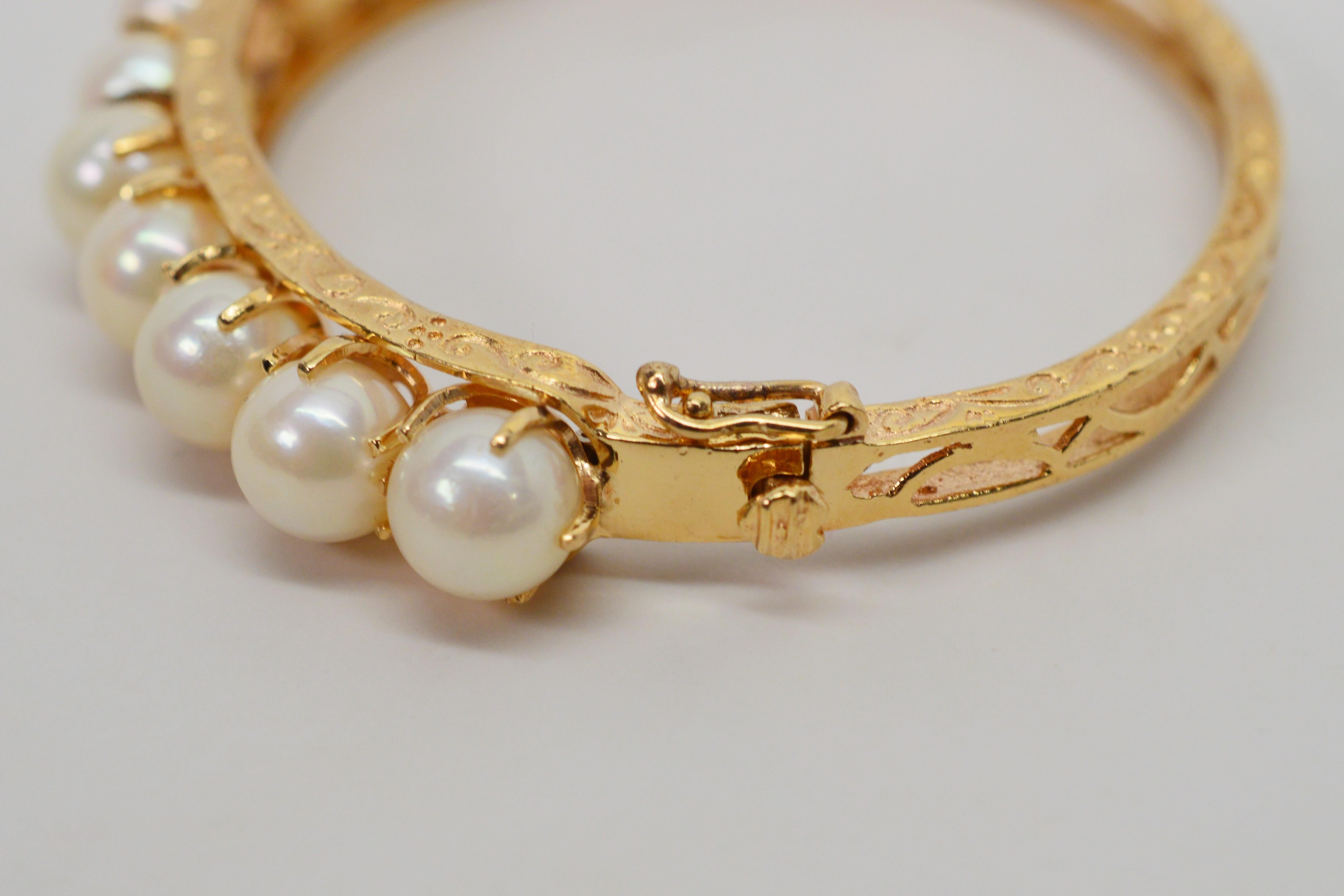 Antique Yellow Gold Pearl Crown Bangle Bracelet 1