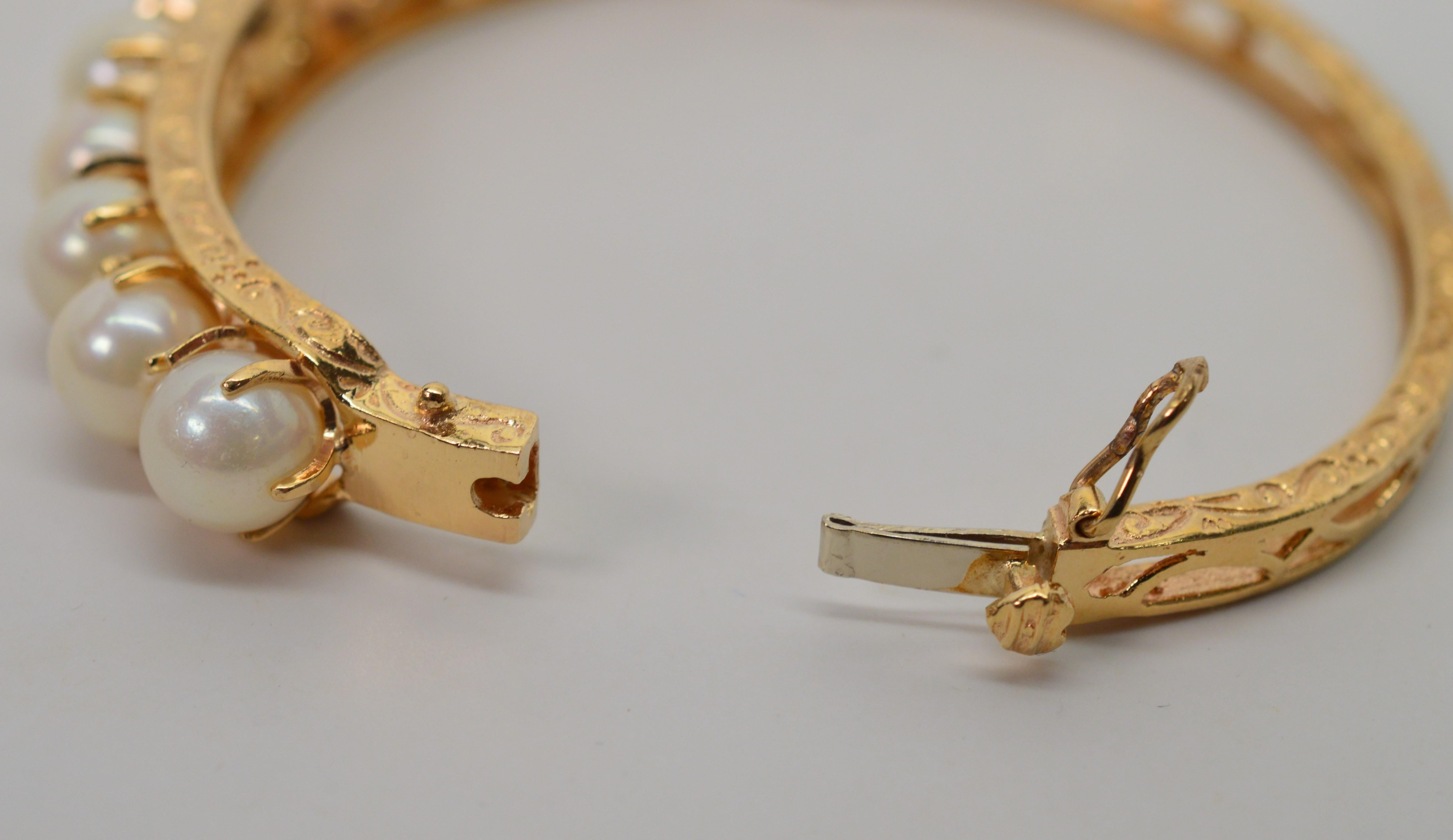 Antique Yellow Gold Pearl Crown Bangle Bracelet 2