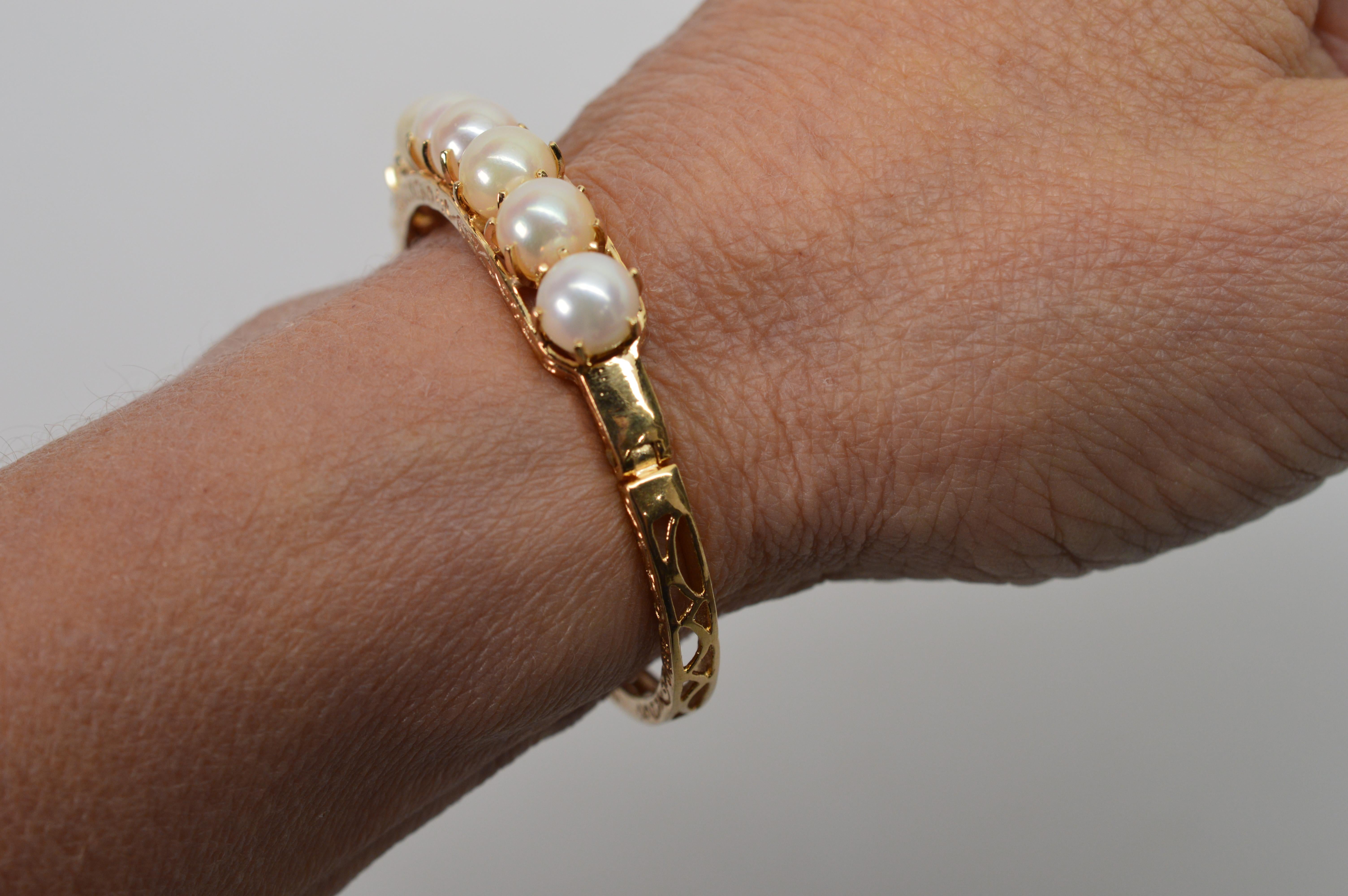 Antique Yellow Gold Pearl Crown Bangle Bracelet 3