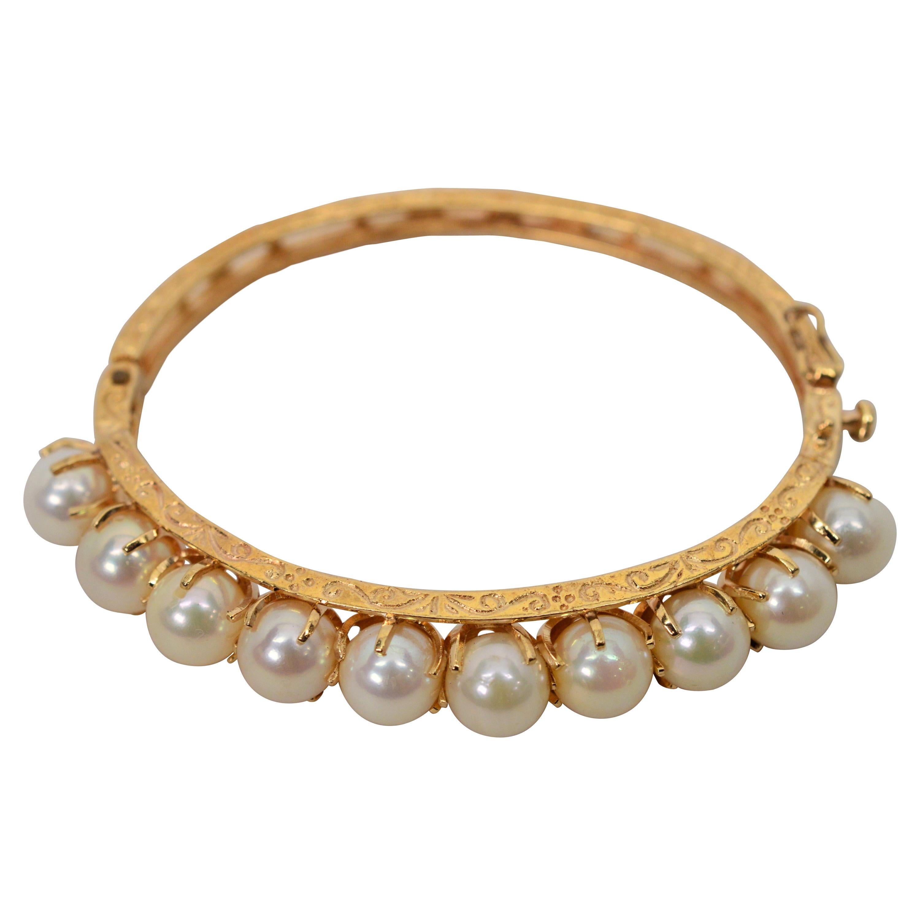 Arts and Crafts Enamel Pearl Gold Bangle Bracelet For Sale at 1stdibs