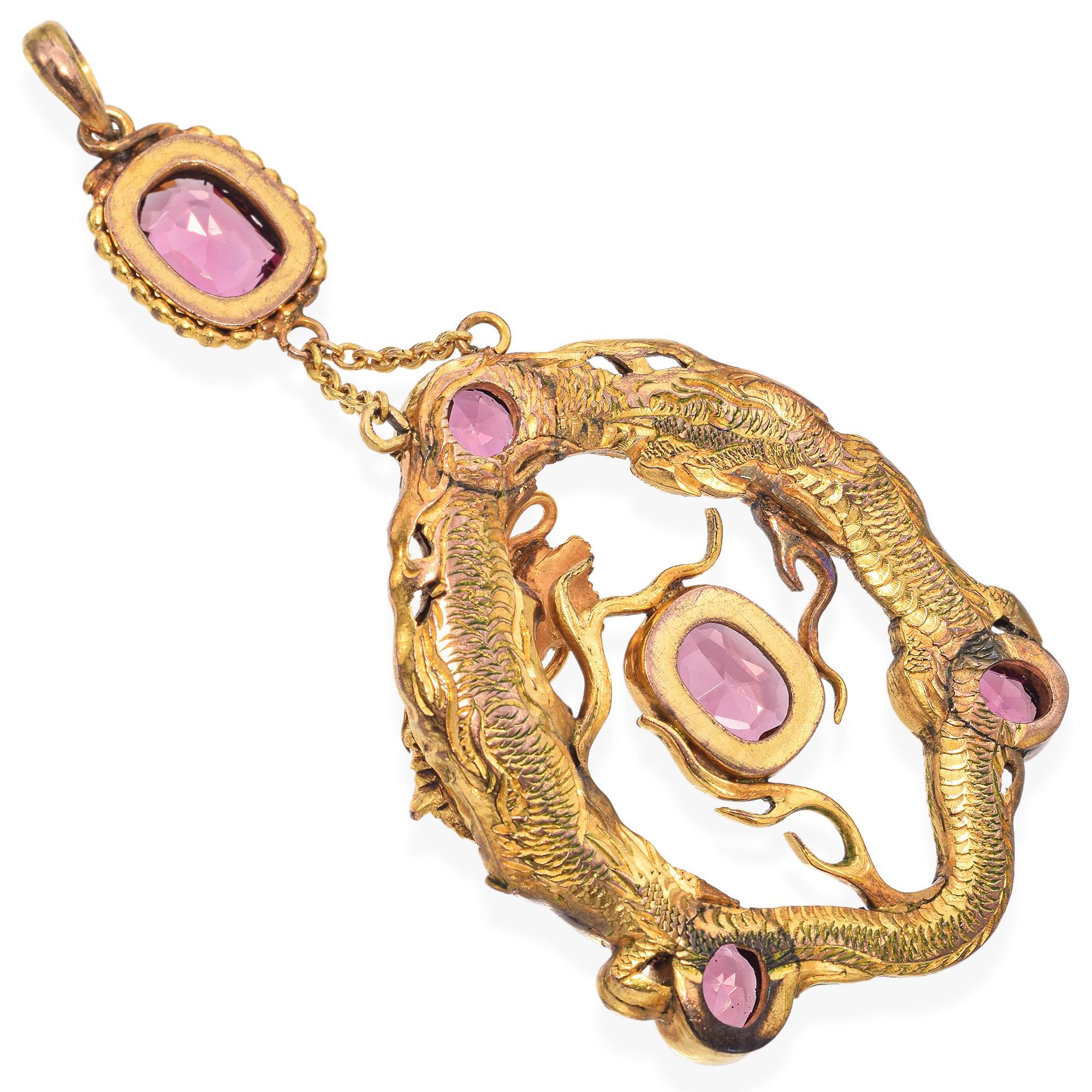 Victorian Antique Yellow Gold Rhodolite Garnet Dragon Pendant For Sale