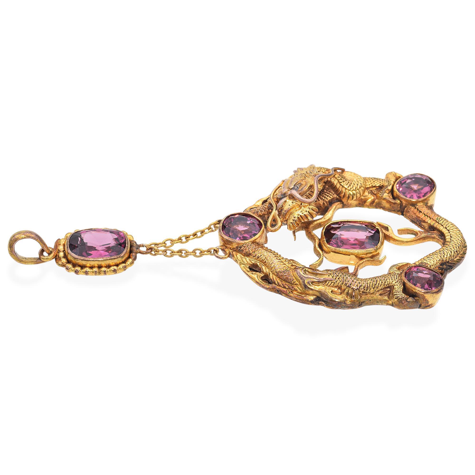 Oval Cut Antique Yellow Gold Rhodolite Garnet Dragon Pendant For Sale