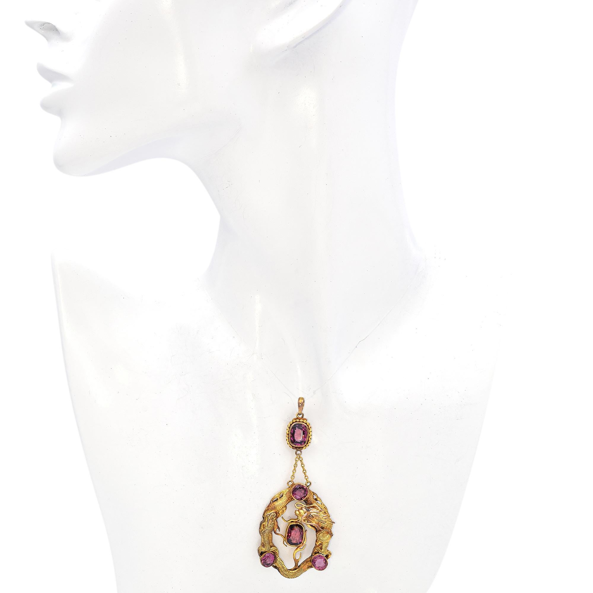 Antique Yellow Gold Rhodolite Garnet Dragon Pendant In Good Condition For Sale In New York, NY