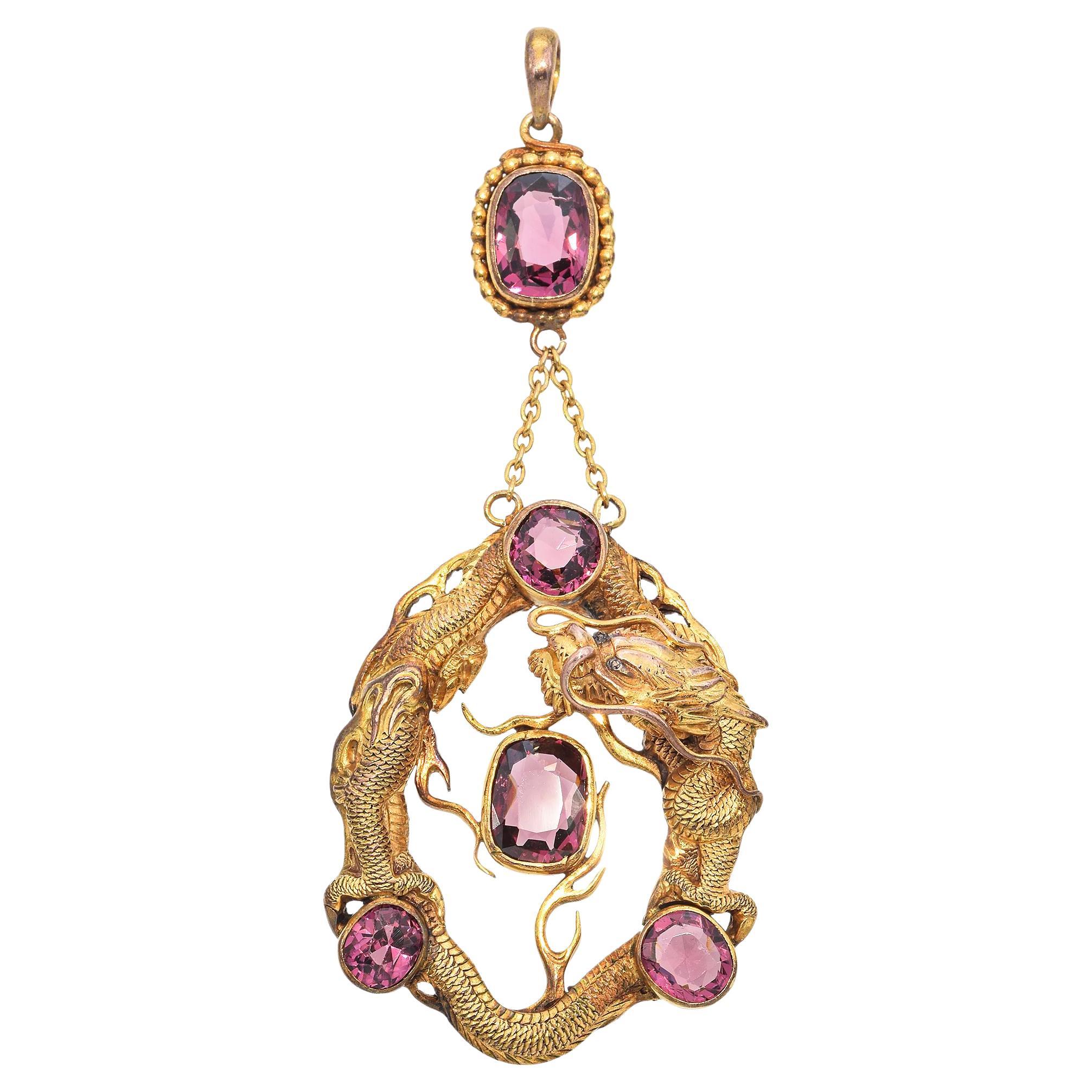 Antique Yellow Gold Rhodolite Garnet Dragon Pendant For Sale