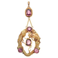 Colgante Dragón Turmalina Rosa Oro Amarillo Antiguo