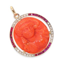 Antique Yellow Gold & Platinum Carved Red Coral, Ruby & Diamond Cameo Pendant