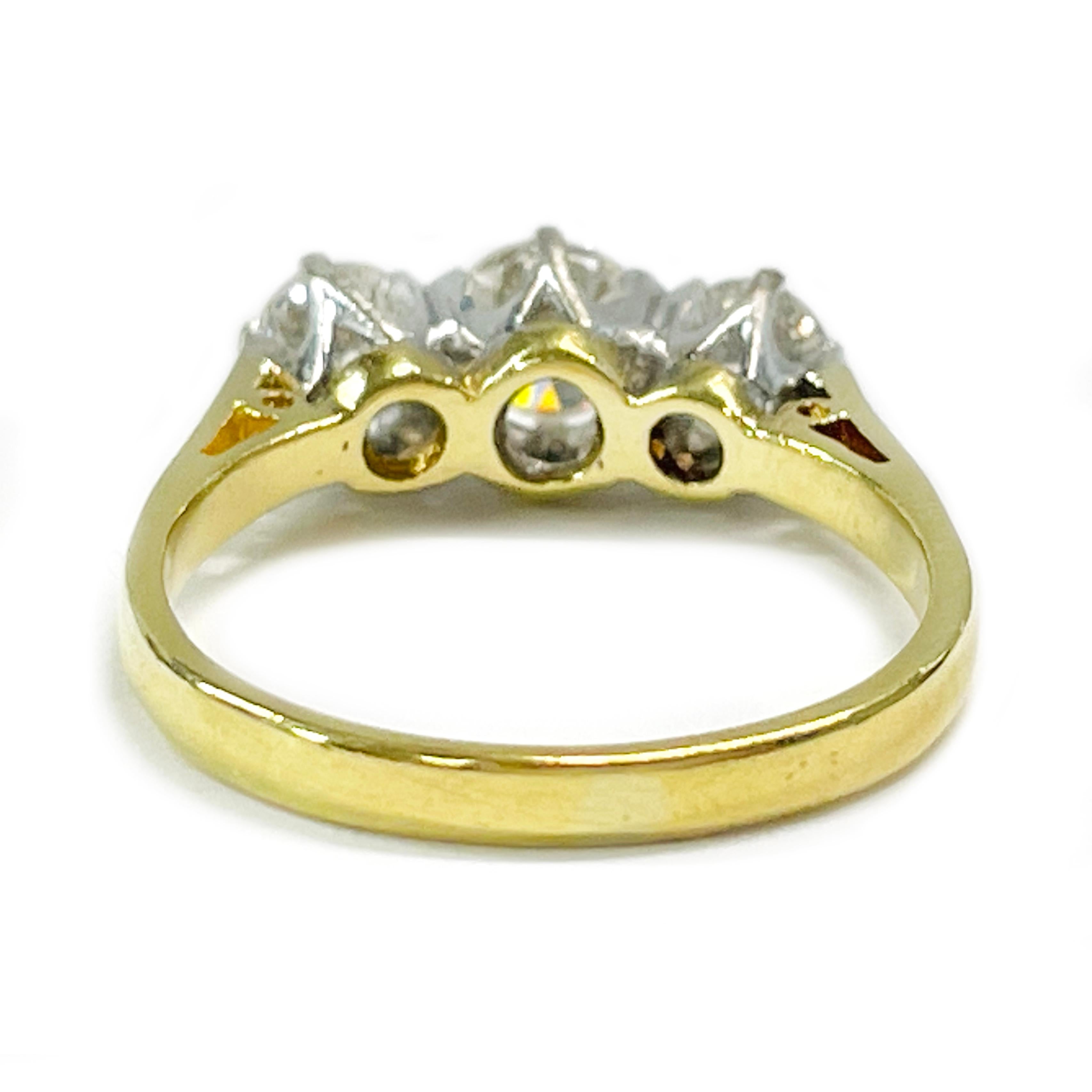 Art Deco Antique Yellow Gold Platinum Three Diamond Ring, Circa 1920s For Sale