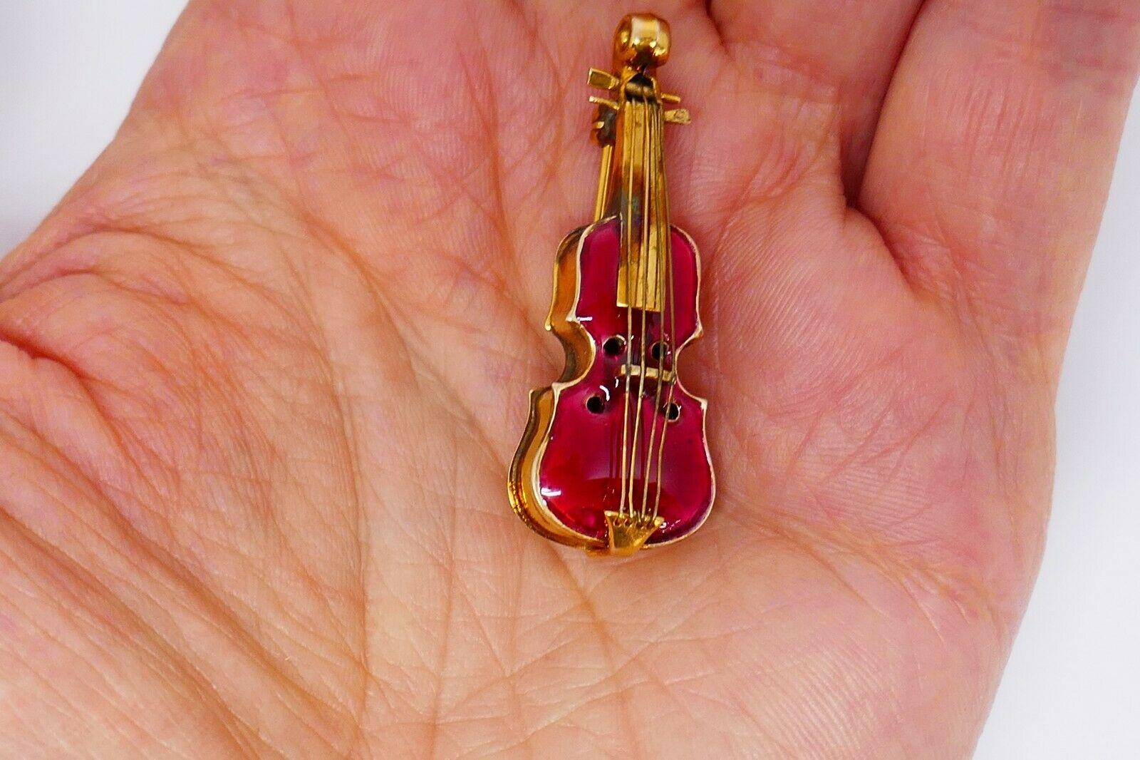 Women's or Men's Antique Yellow Gold Red Enamel Violin Pin Brooch