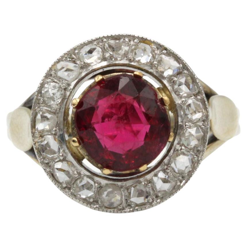 Antique Yellow Gold Ring with Garnet and Rose Cut Diamonds, French 19th c.