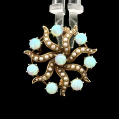 Antique Yellow Gold Round Cabochon Opal & Seed Pearl Round Swirl Pin Brooch