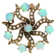 Antique Yellow Gold Round Cabochon Opal & Seed Pearl Round Swirl Pin Brooch