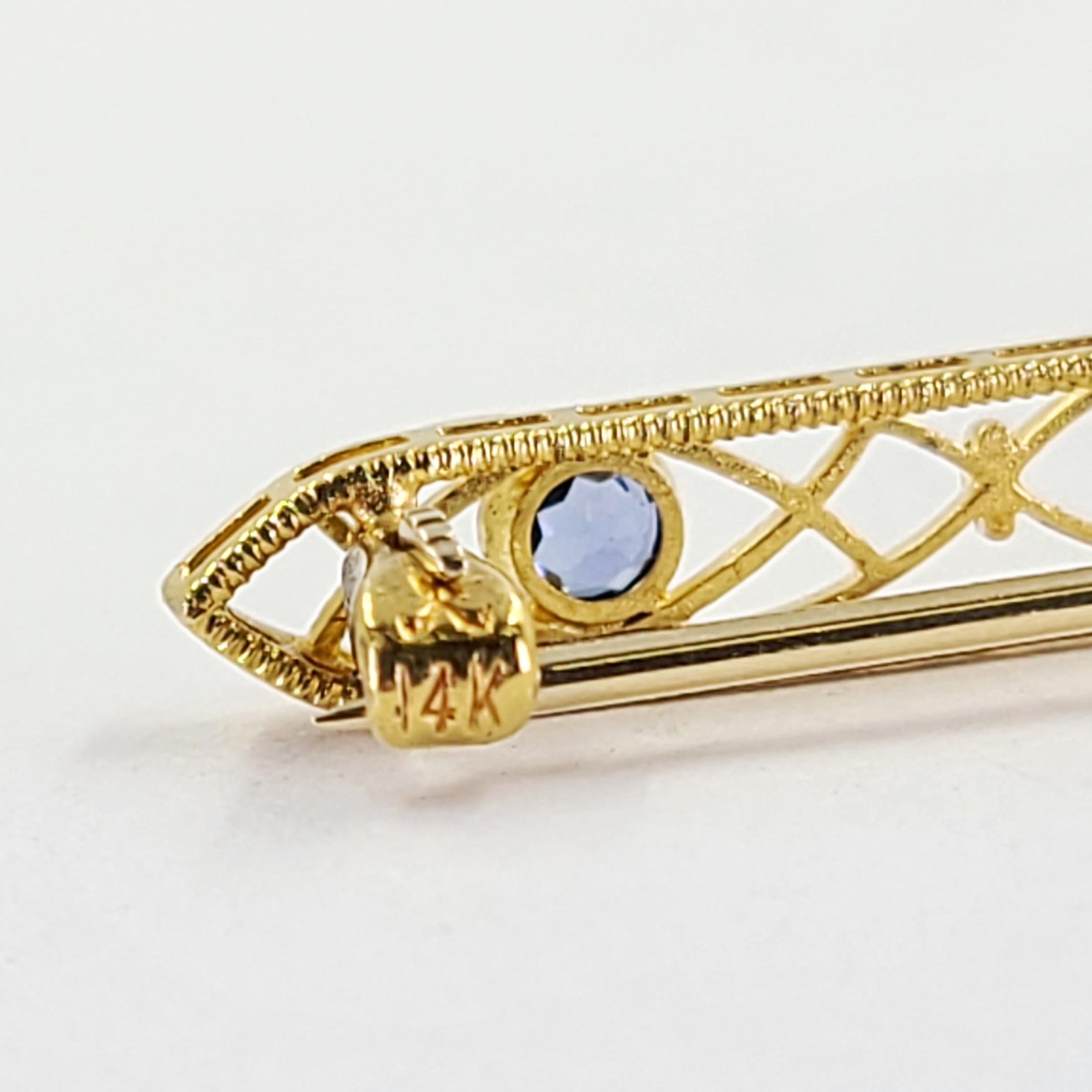 Old European Cut Antique Yellow Gold, Sapphire, Diamond, and Pearl Bar Pin For Sale