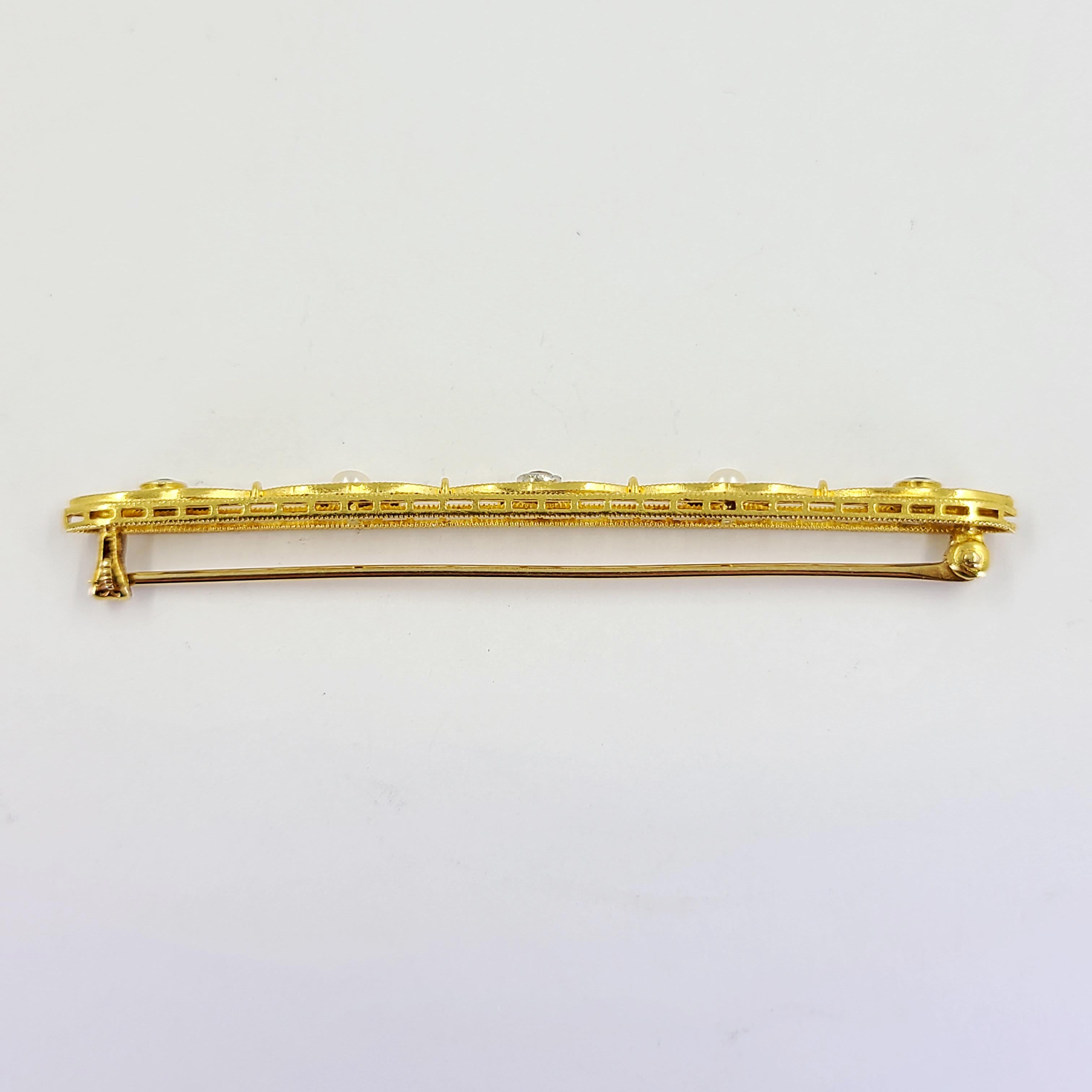 Antique Yellow Gold, Sapphire, Diamond, and Pearl Bar Pin In Good Condition For Sale In Coral Gables, FL