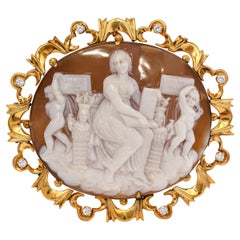 Antique Yellow Gold Shell Cameo & Diamond Raphael's School of Athens Brooch