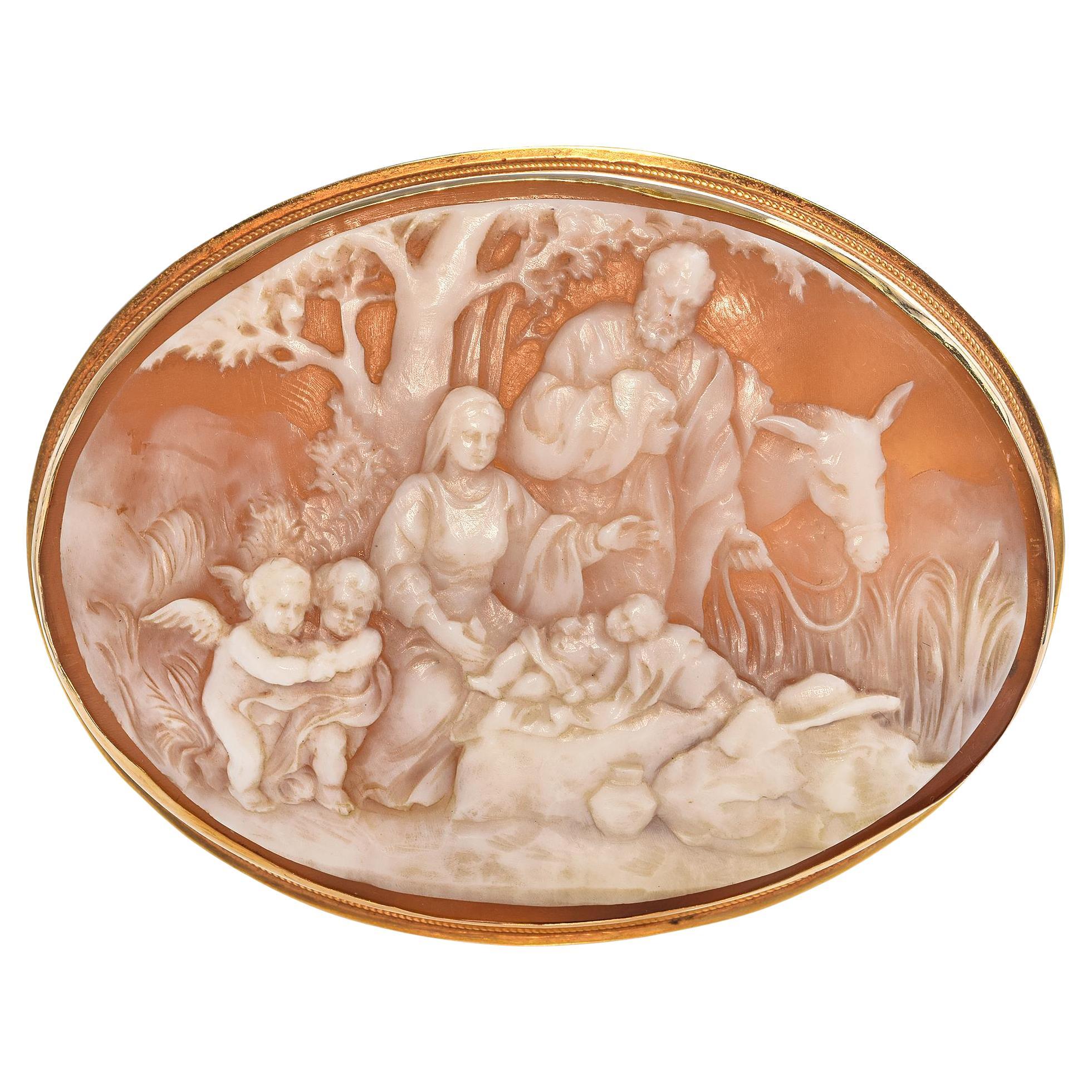 Antique Yellow Gold Shell Cameo "The Birth of Jesus" Brooch Pendant