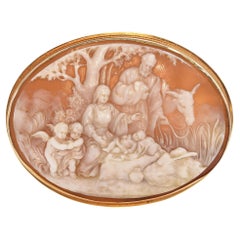 Antique Yellow Gold Shell Cameo "The Birth of Jesus" Brooch Pendant