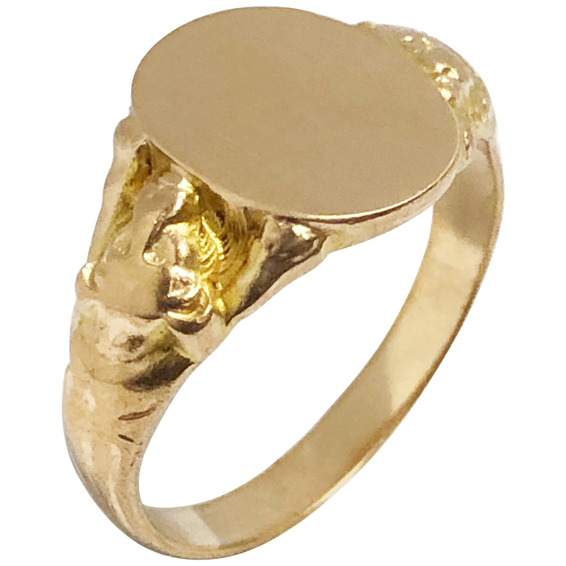 Antique Yellow Gold Signet Ring with Lion Sides