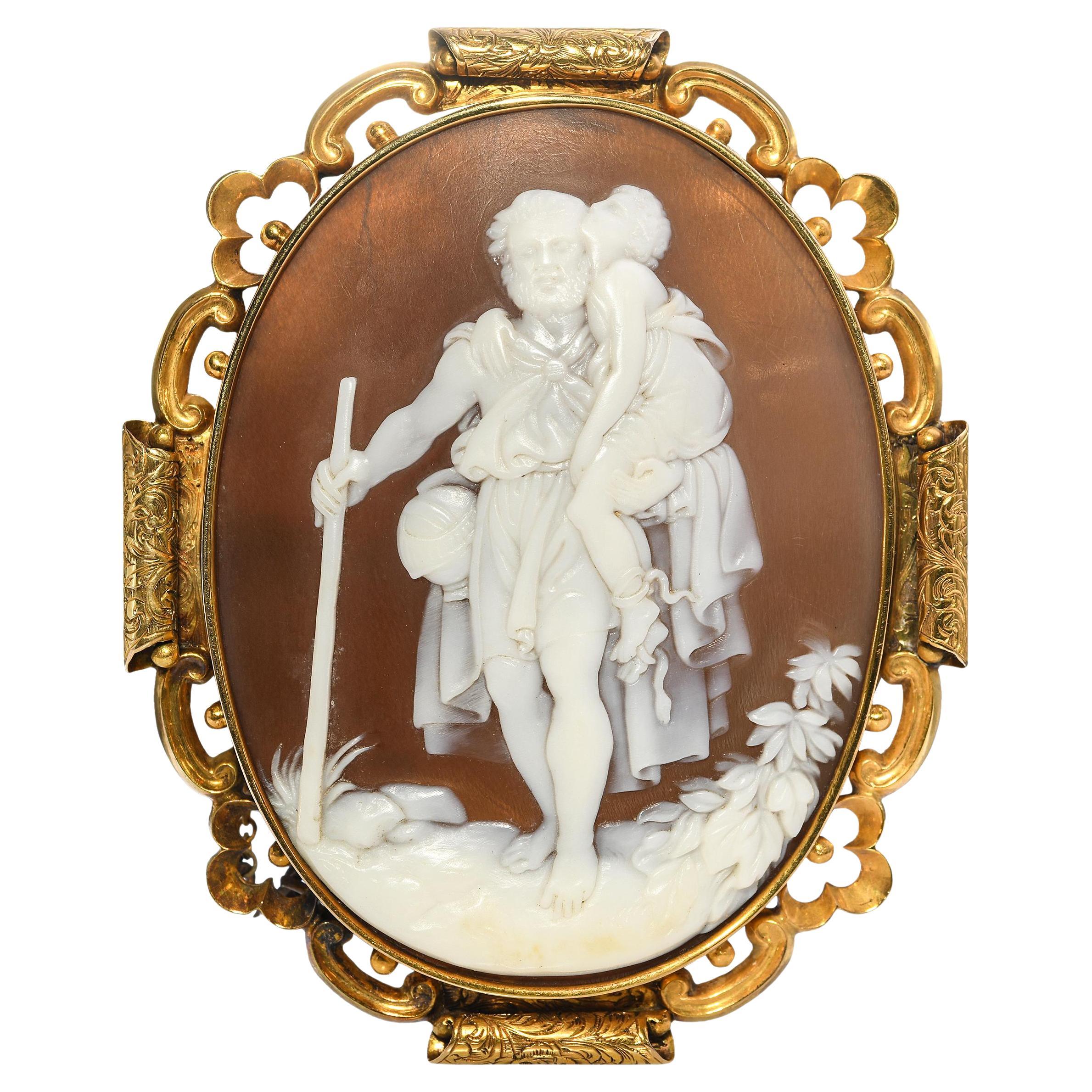 Antike Gelbgold St. Christophe trägt Jesus Muschel-Kamee-Brosche