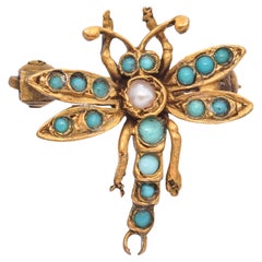 Antique Yellow Gold Turquoise and Pearl Dragonfly Brooch