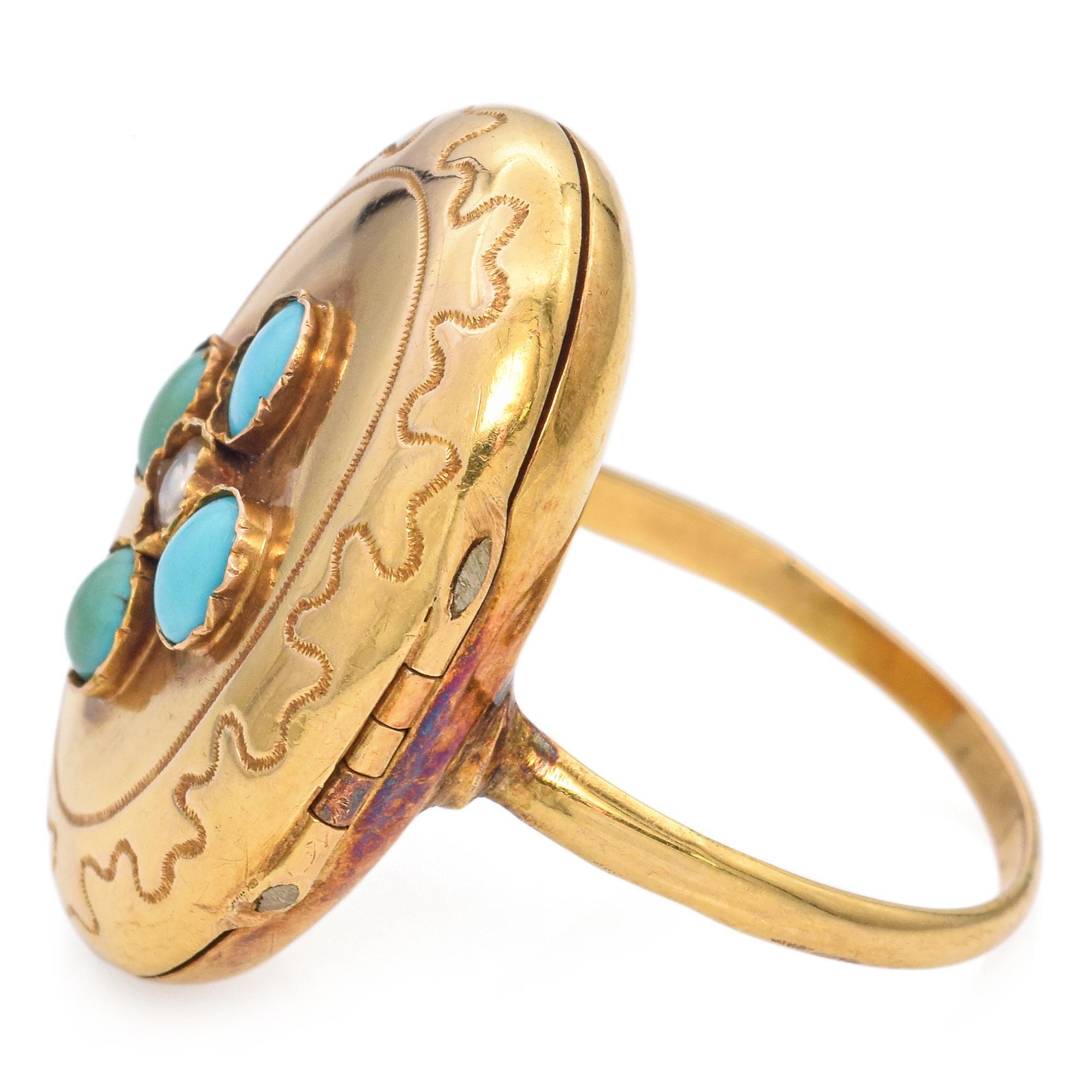 Round Cut Antique Yellow Gold Turquoise and Seed Pearl Locket Ring For Sale