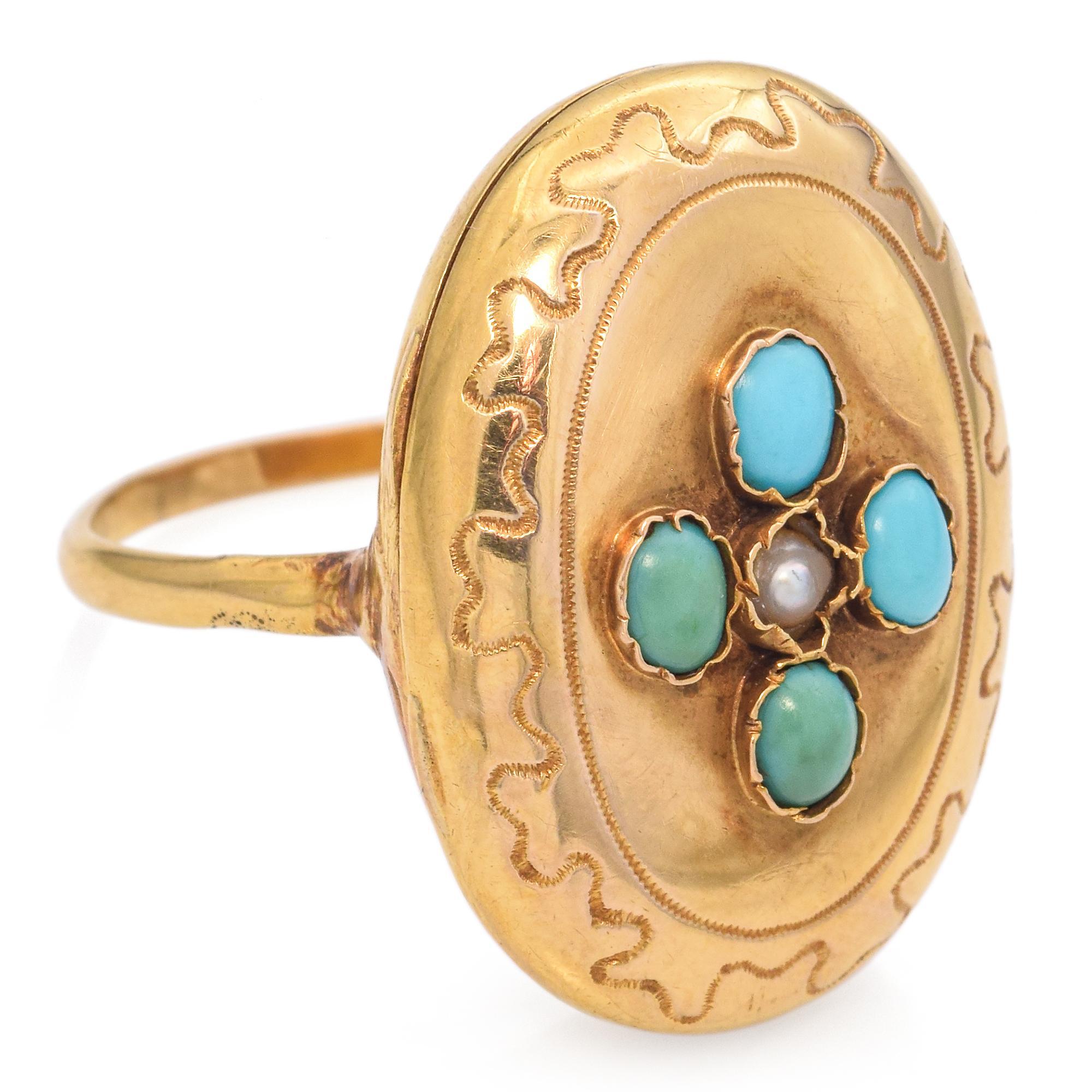 Antique Yellow Gold Turquoise and Seed Pearl Locket Ring In Good Condition For Sale In New York, NY