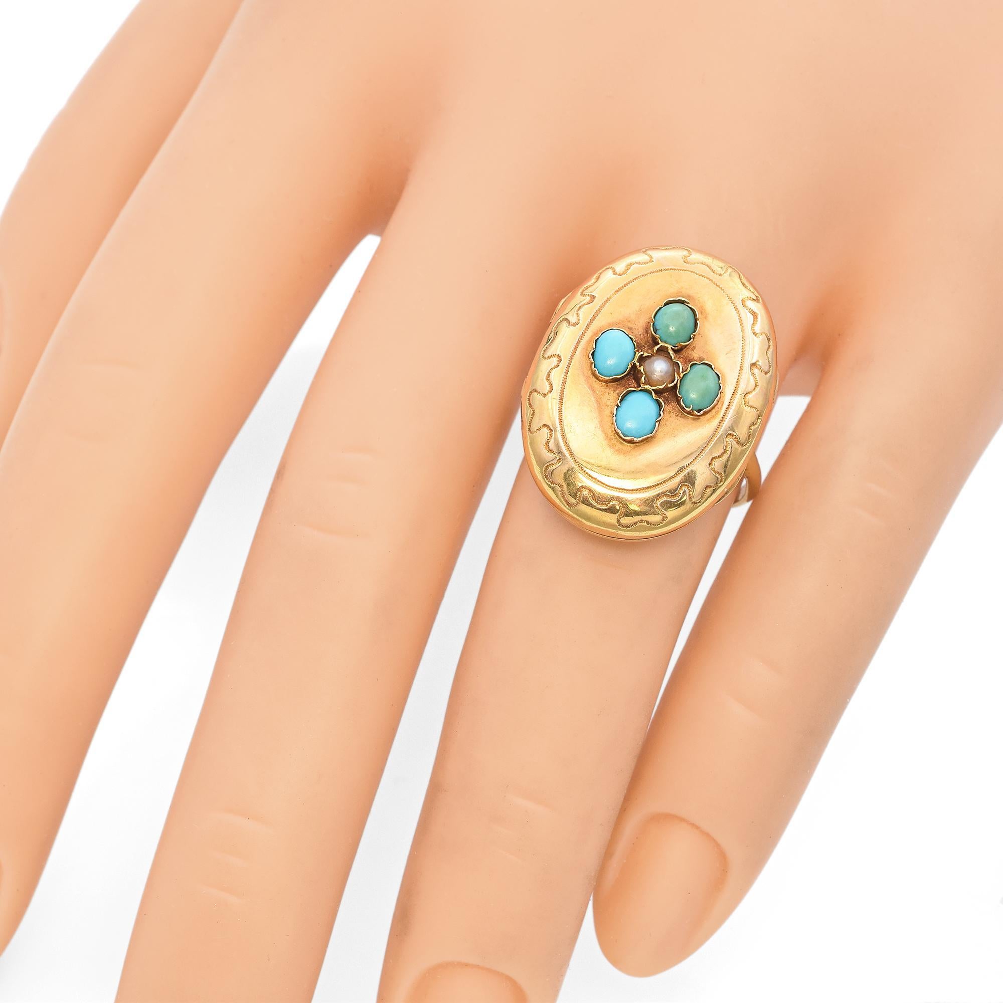 Antique Yellow Gold Turquoise and Seed Pearl Locket Ring For Sale 4