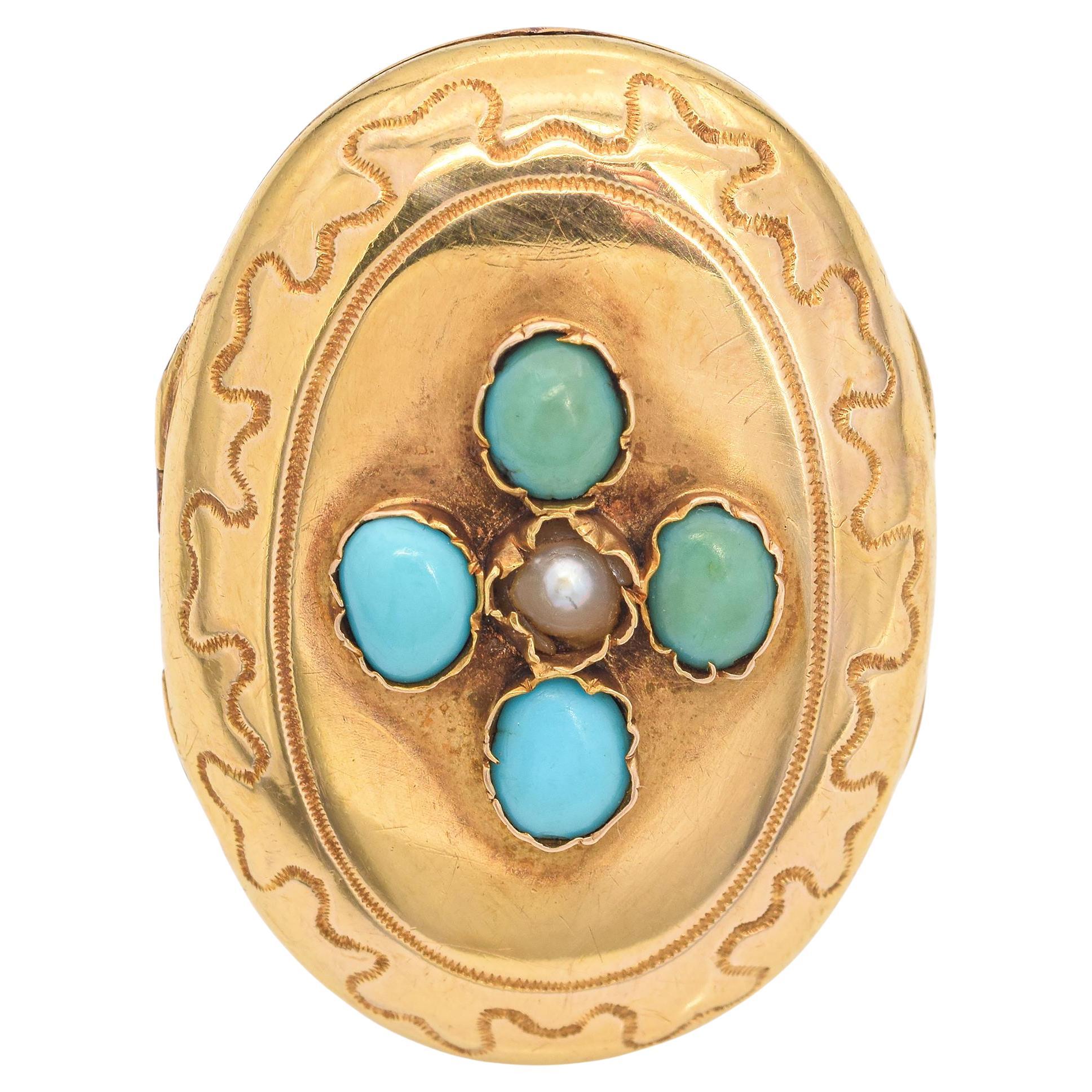 Antique Yellow Gold Turquoise and Seed Pearl Locket Ring
