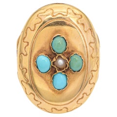 Anello medaglione in oro giallo antico con turchese e perle di semi