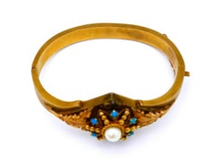 Antique 14k Gold Turquoise Pearl Bangle Bracelet