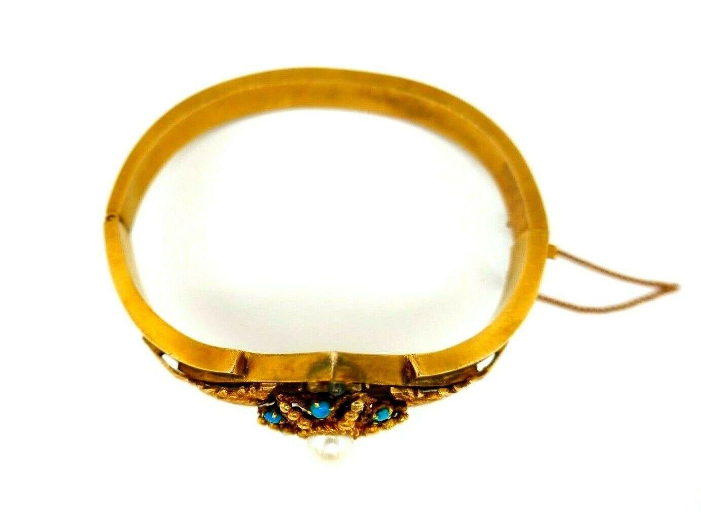 Victorian Antique Yellow Gold Turquoise Pearl Bangle Bracelet For Sale
