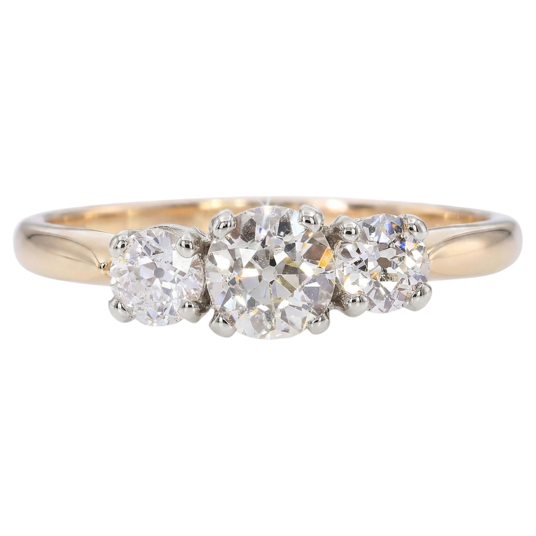 Antique Yellow Gold Two Tone 0.84tcw Diamond Three-Stone Ring