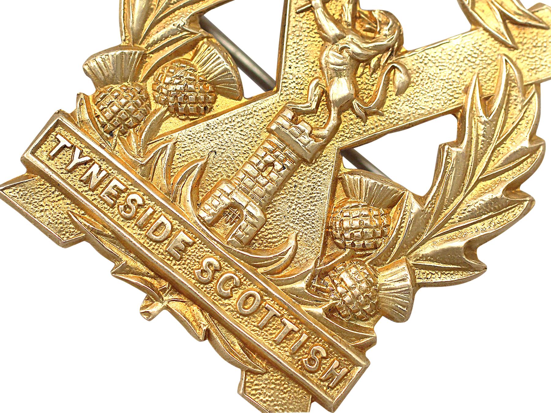A fine and impressive 18 karat yellow gold 'Tyneside Scottish Brigade' regimental brooch made by Thomas L Mott; part of our diverse antique jewelry and estate jewelry collections

This antique World War I (WWI) regimental brooch has been crafted in