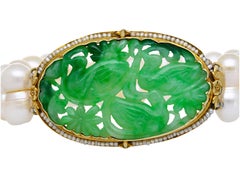 Antique Yellow Gold with Carved Jade and Pearl Pin Bracelet